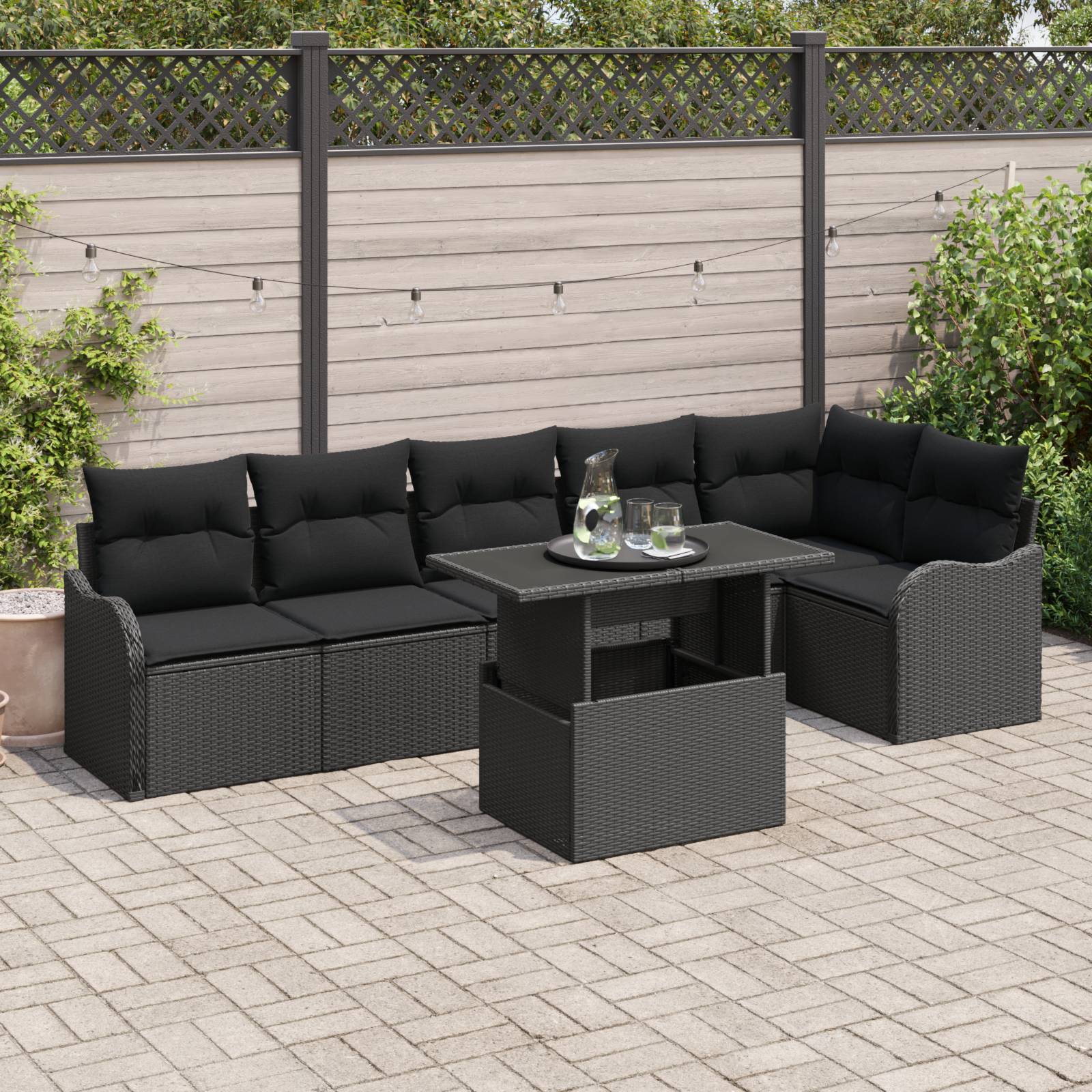 vidaXL 7-tlg. Garten-Sofagarnitur mit Kissen Schwarz Poly Rattan