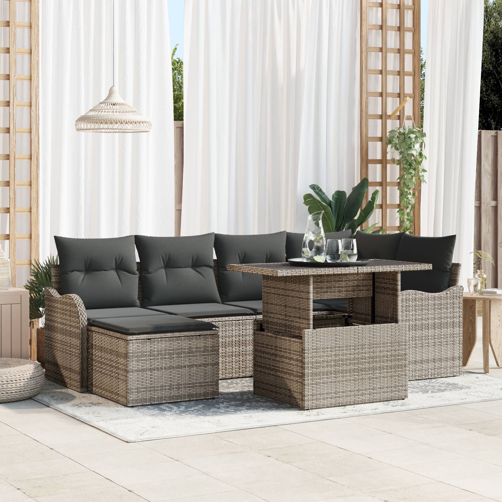 vidaXL 7-teiliges Garten Sofa Set mit Kissen in Grau Poly Rattan