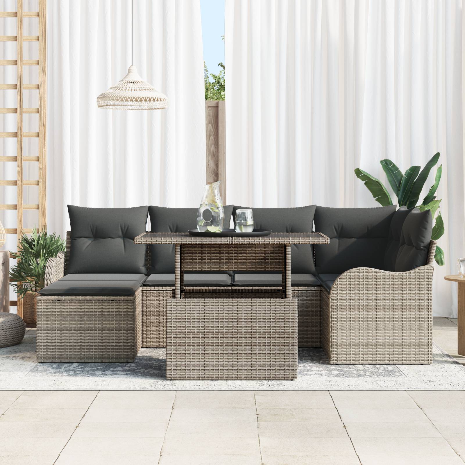 vidaXL 7-teiliges Garten Sofa Set mit Kissen in Grau Poly Rattan