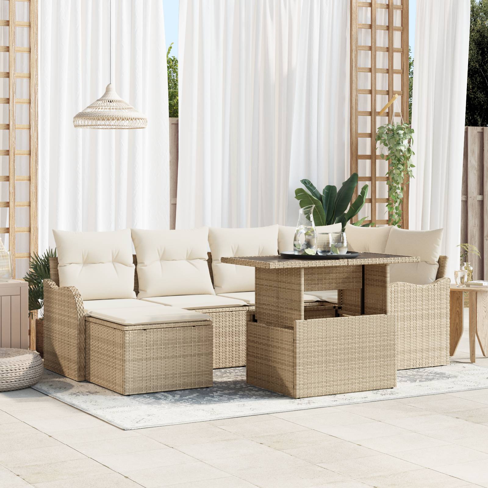vidaXL 7-teiliges Garten Sofa Set mit Kissen Beige Poly Rattan