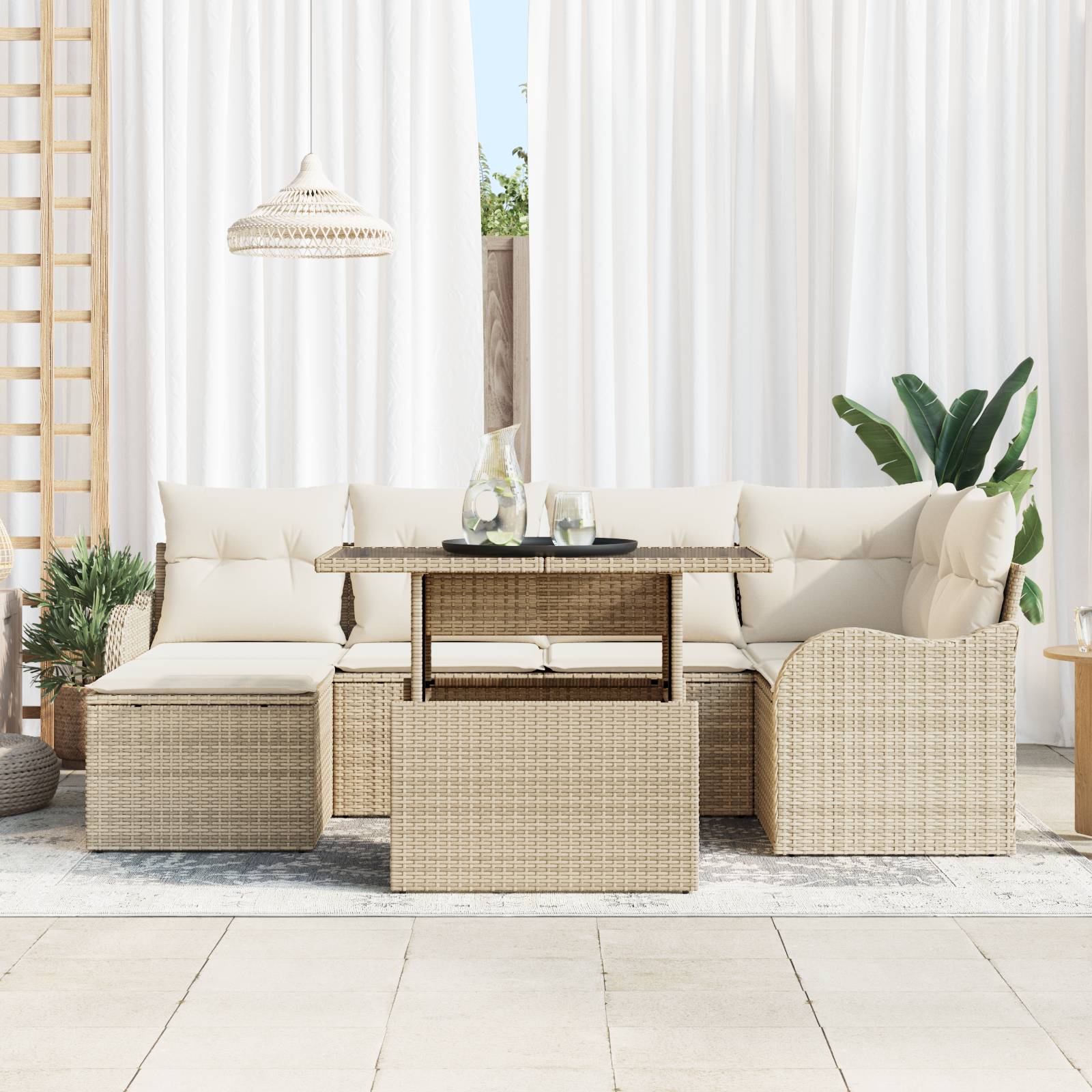 vidaXL 7-teiliges Garten Sofa Set mit Kissen Beige Poly Rattan