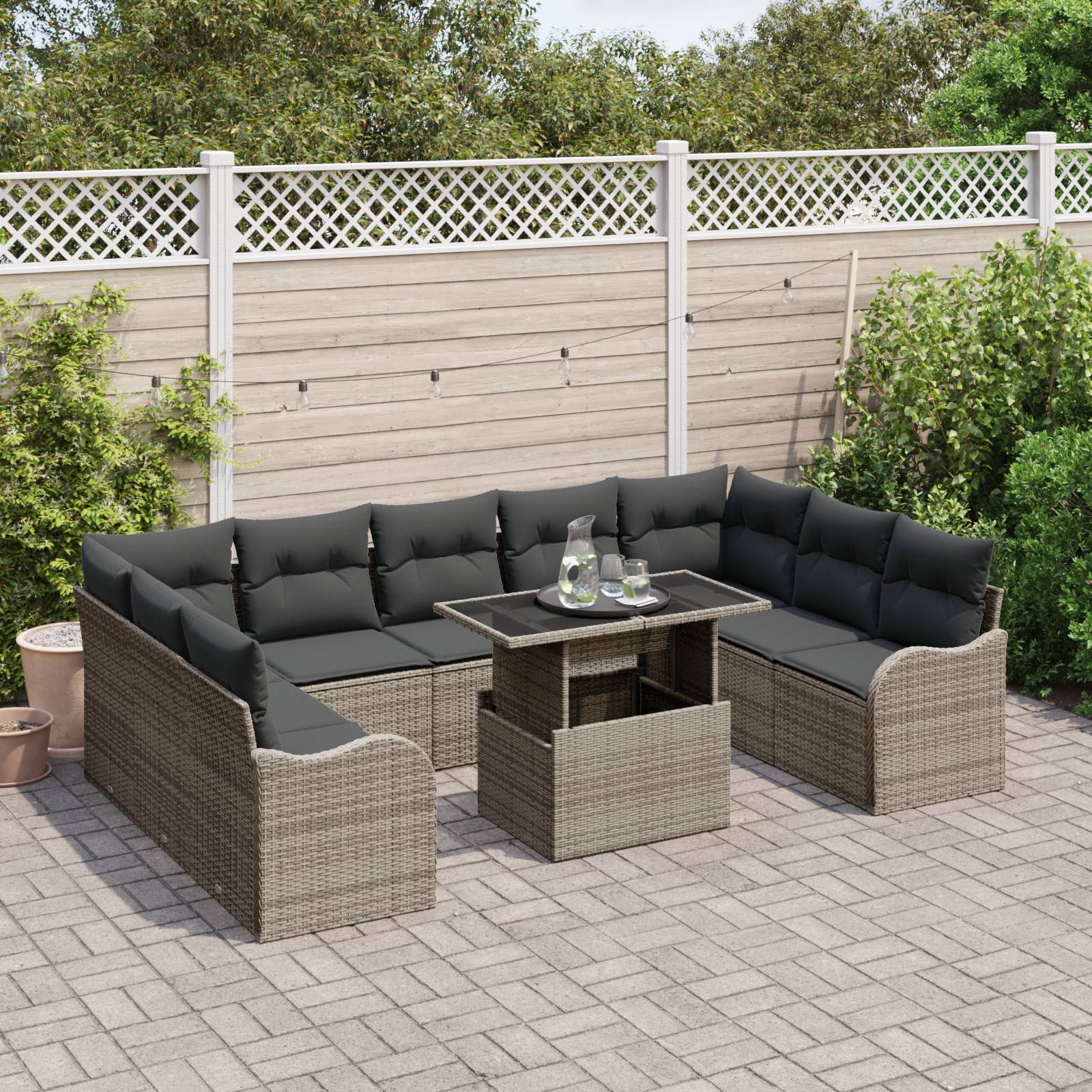 vidaXL 10-teiliges Gartensofa Set mit Kissen grau Poly Rattan