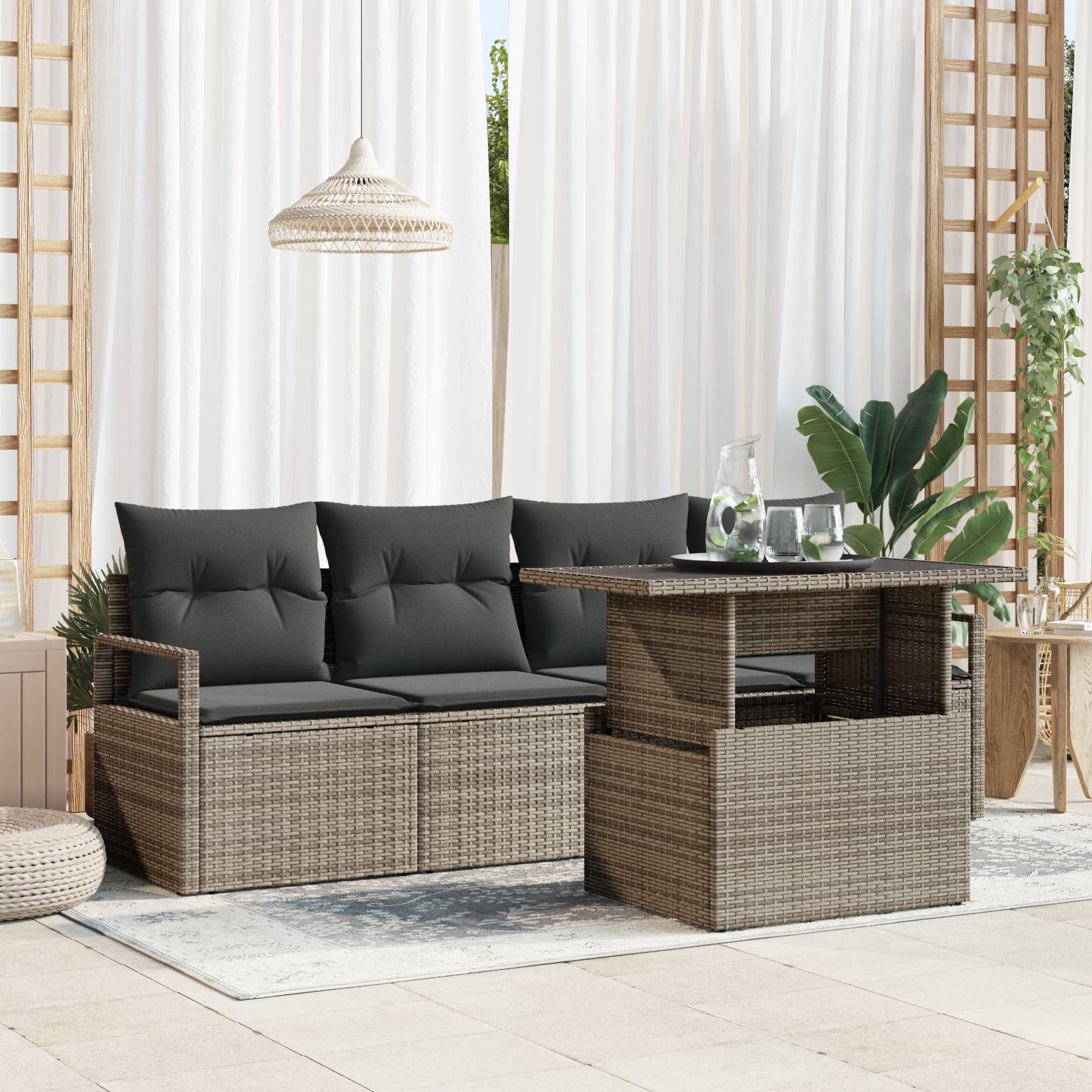 vidaXL 5-tlg. Garten-Sofagarnitur mit Kissen Grau Poly Rattan