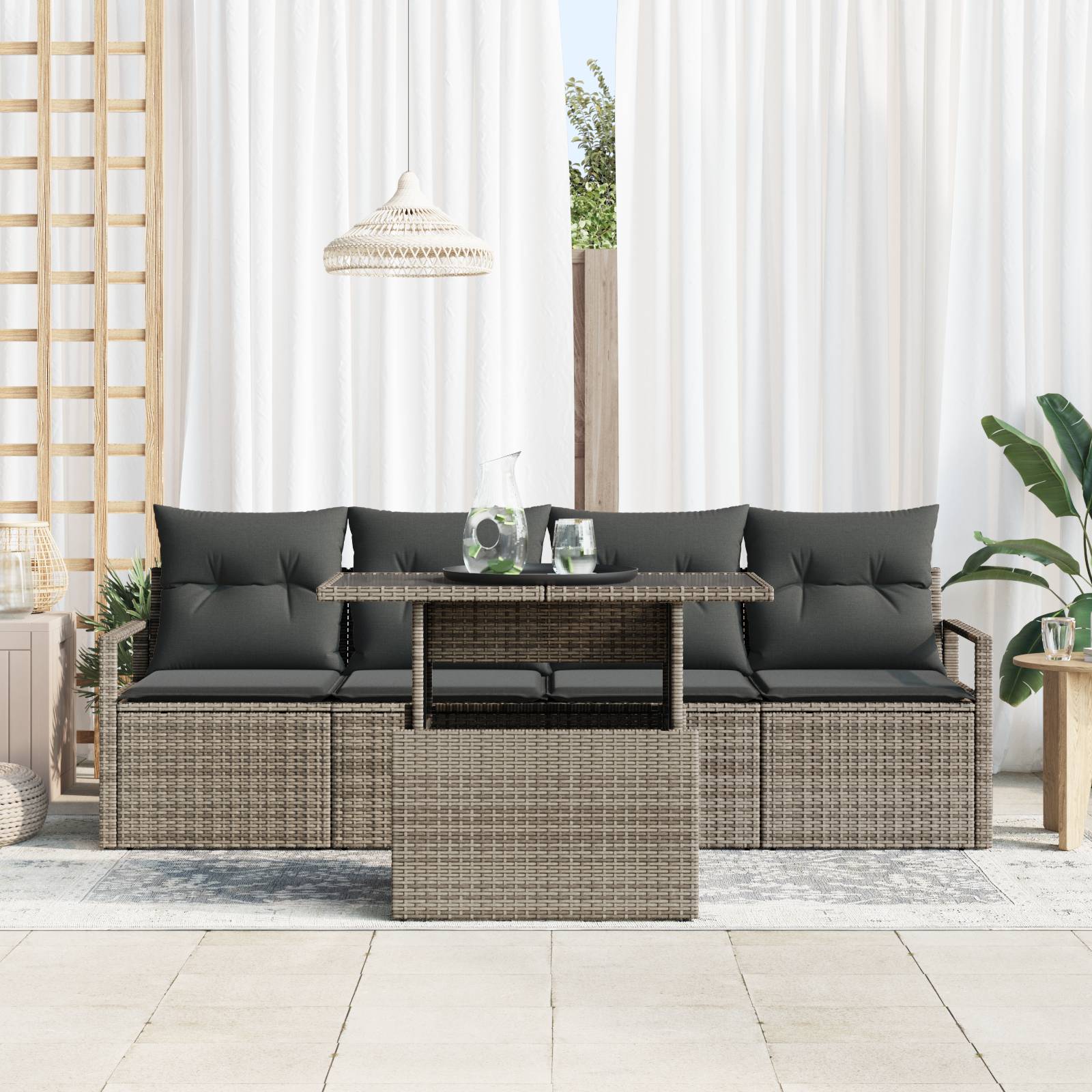 vidaXL 5-tlg. Garten-Sofagarnitur mit Kissen Grau Poly Rattan
