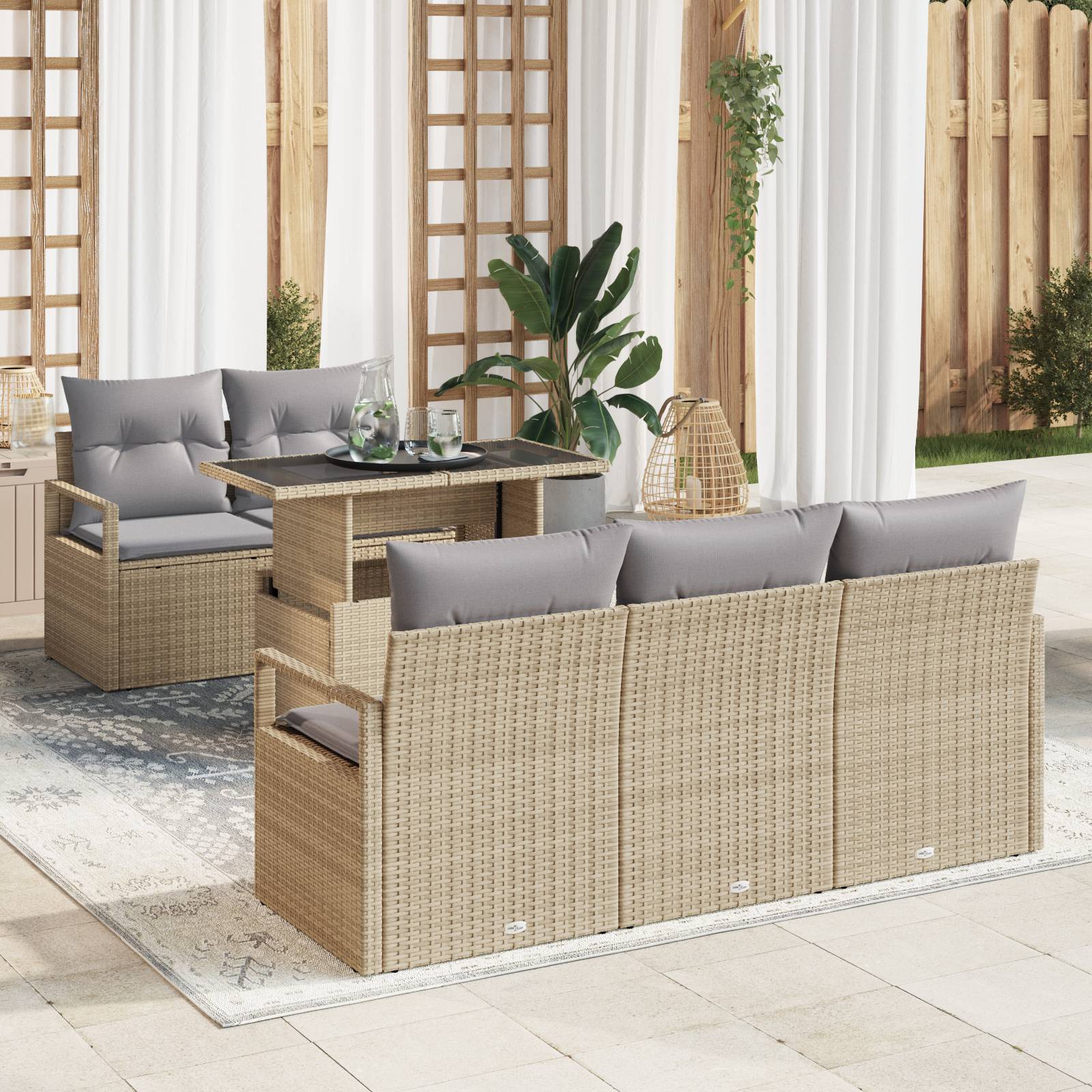 vidaXL 6-teiliges Garten Sofa Set mit Kissen Beige Poly Rattan