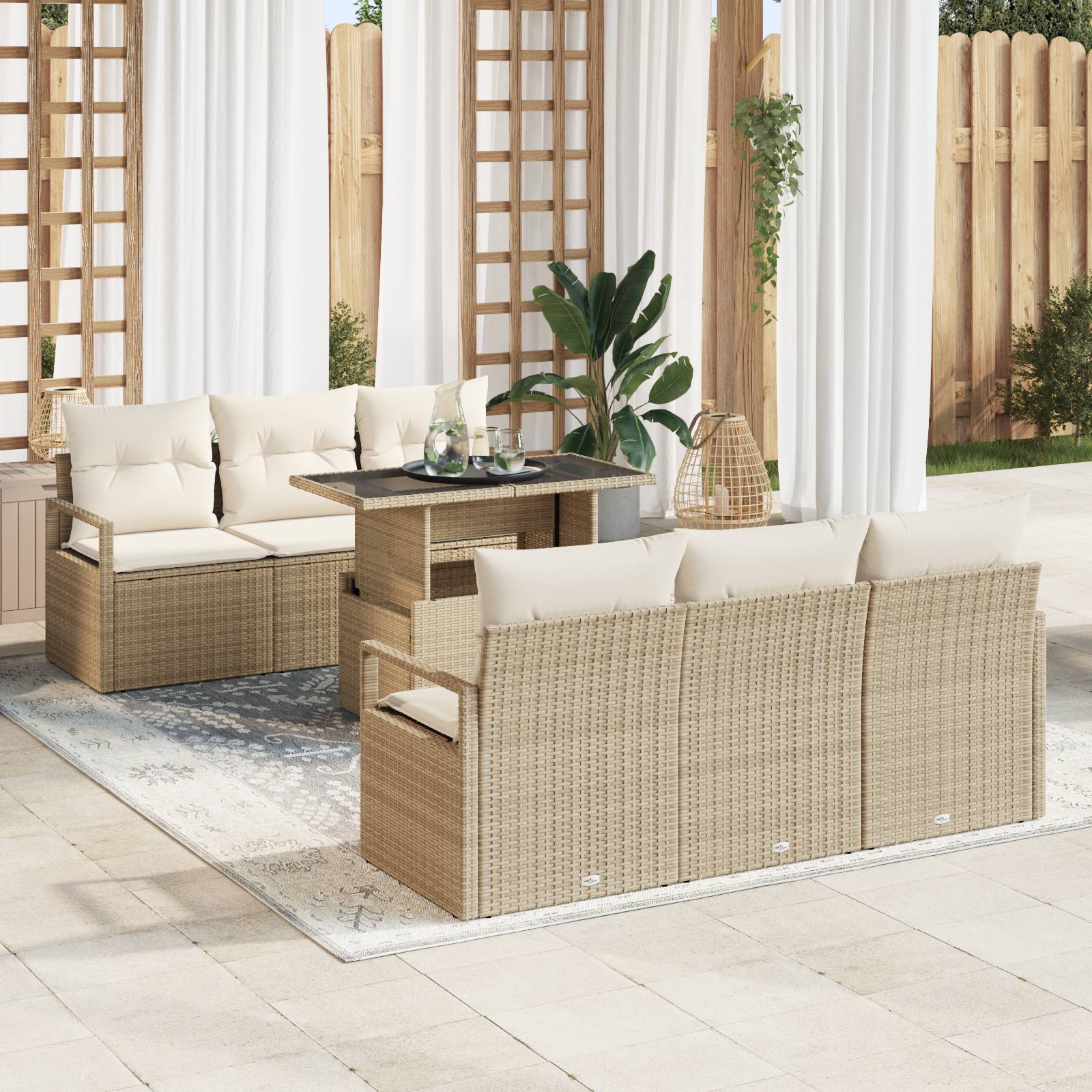 vidaXL 7-teiliges Garten-Sofa-Set mit Kissen Beige Poly-Rattan