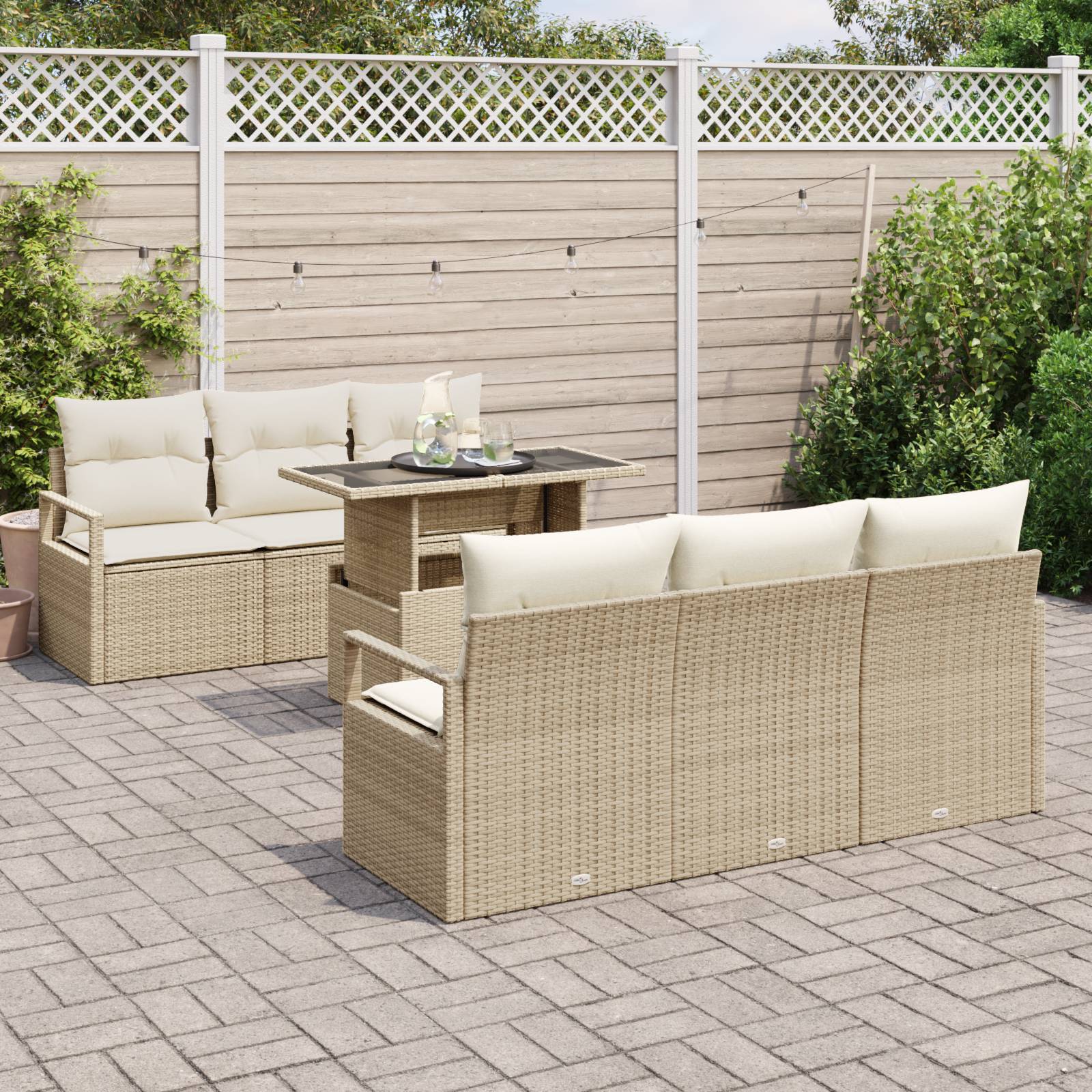 vidaXL 7-teiliges Garten-Sofa-Set mit Kissen Beige Poly-Rattan