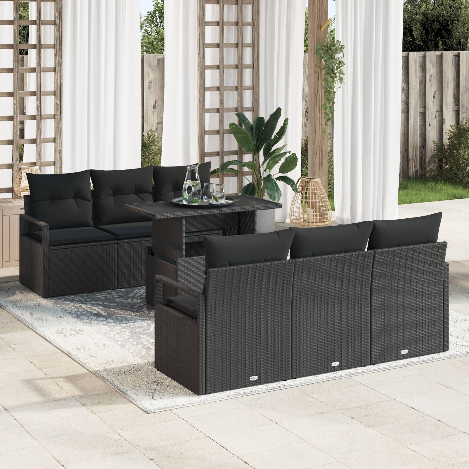 vidaXL 7-teiliges Garten Sofa Set mit Kissen Schwarz Poly Rattan
