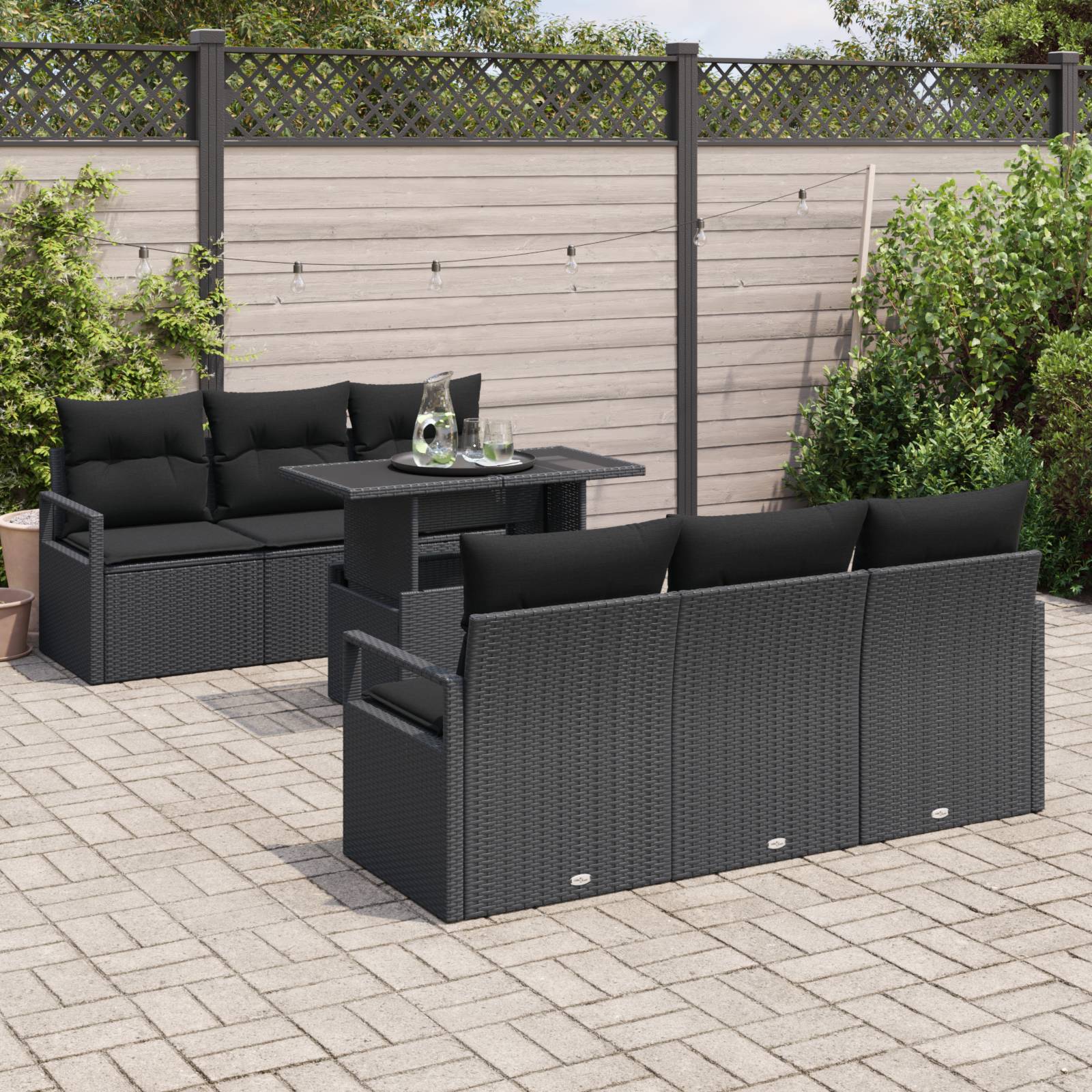vidaXL 7-teiliges Garten Sofa Set mit Kissen Schwarz Poly Rattan