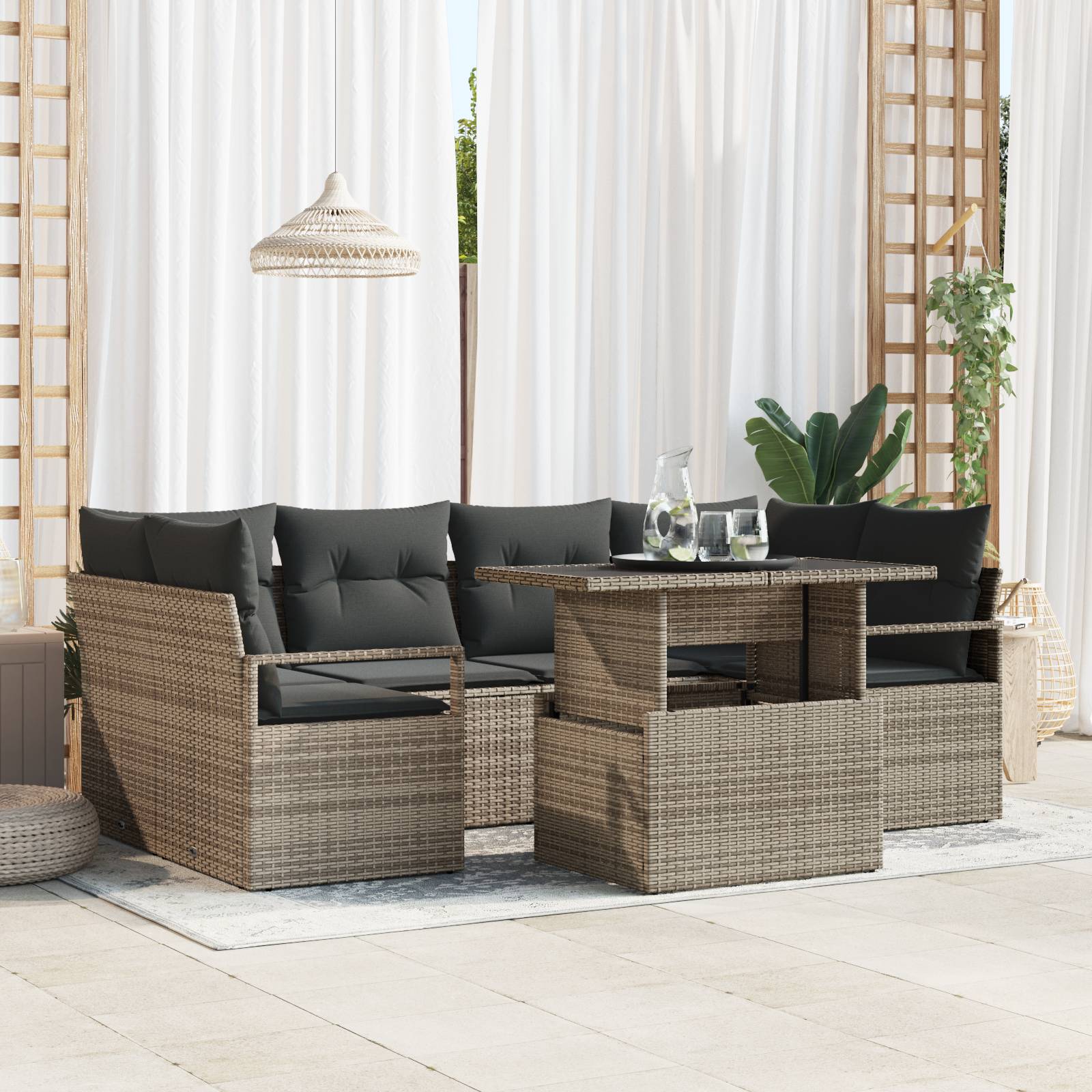 vidaXL 7-teiliges Garten Sofa Set mit Kissen Grau Poly Rattan