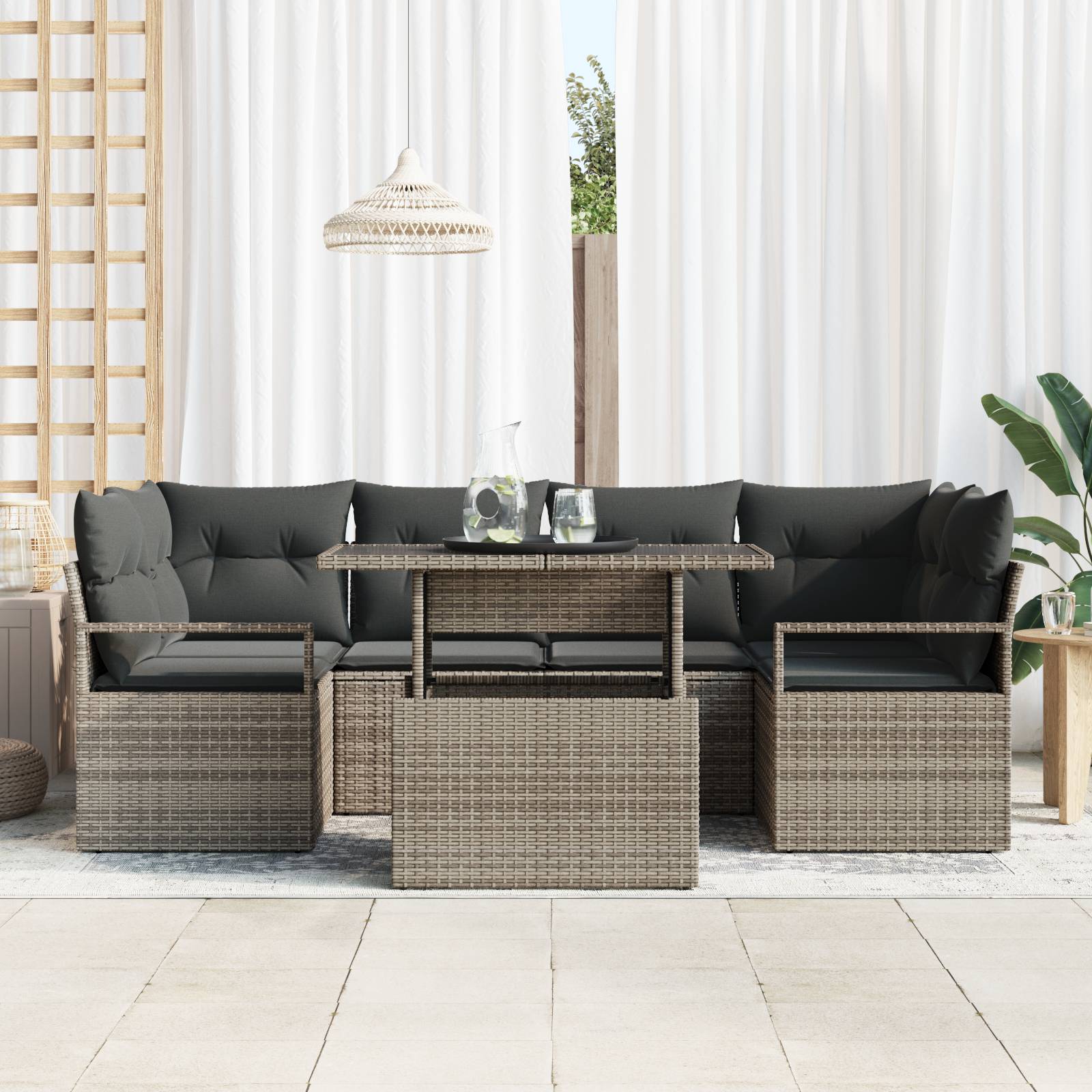 vidaXL 7-teiliges Garten Sofa Set mit Kissen Grau Poly Rattan