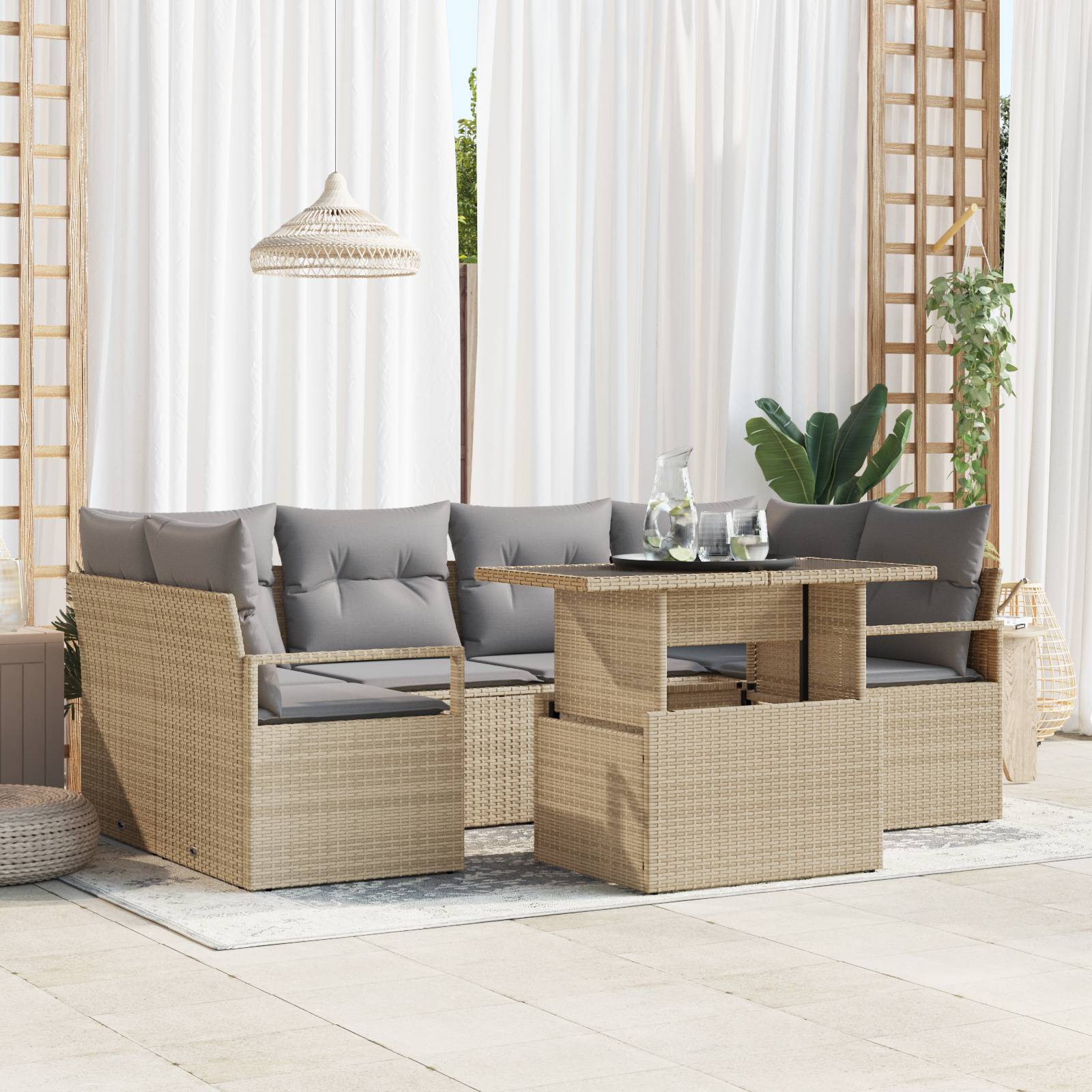 vidaXL 7-teiliges Garten Sofa Set mit Kissen Beige Poly Rattan