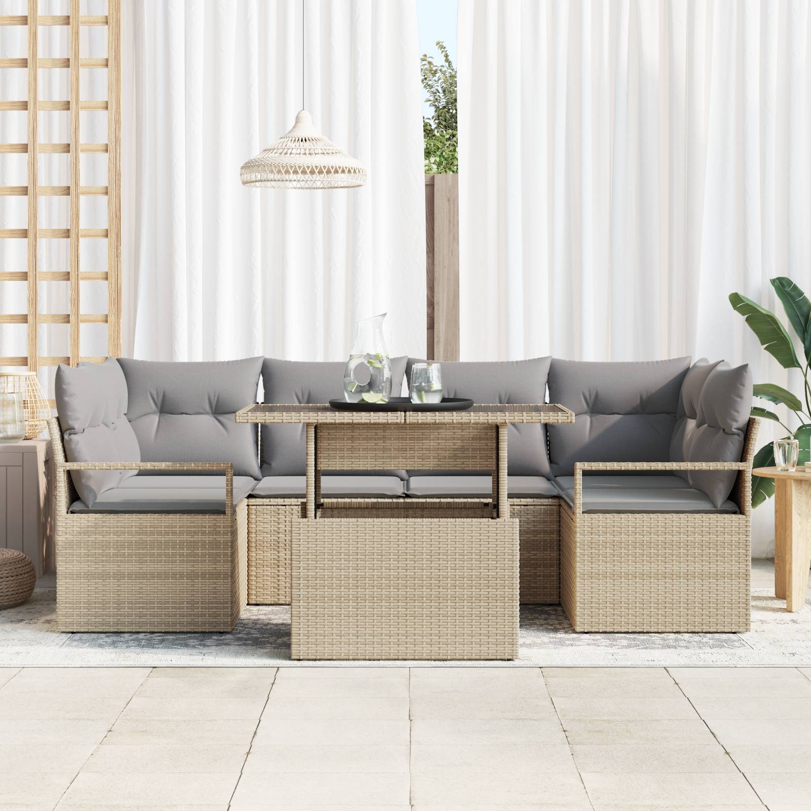 vidaXL 7-teiliges Garten Sofa Set mit Kissen Beige Poly Rattan
