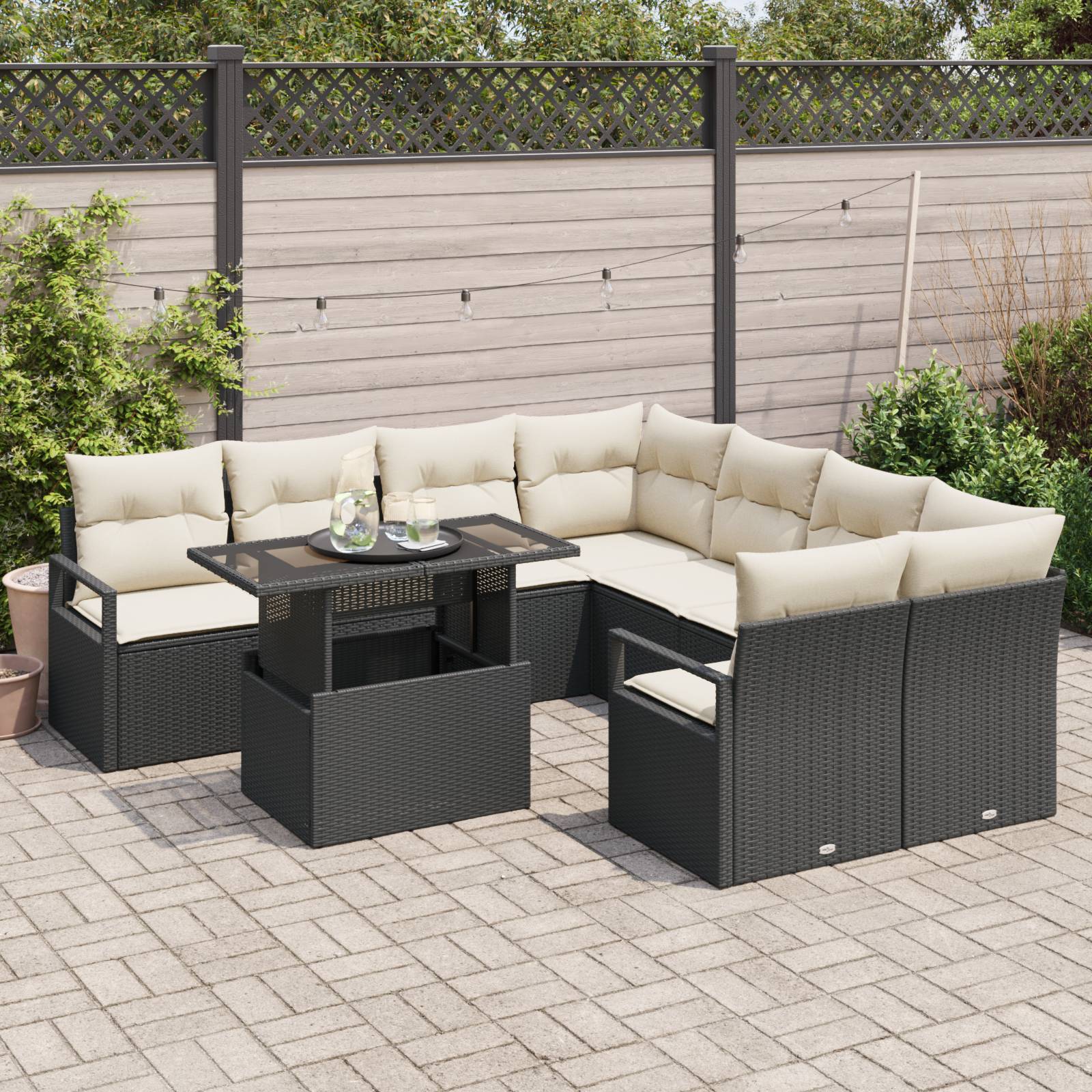 vidaXL 9-teiliges Garten-Sofa-Set mit Kissen Schwarz Poly Rattan