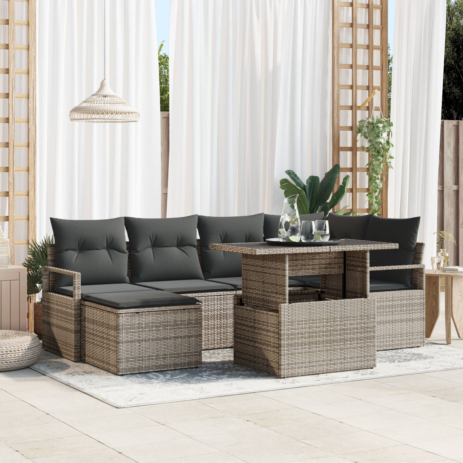 vidaXL 7-teiliges Garten Sofa Set mit Kissen Grau Poly Rattan