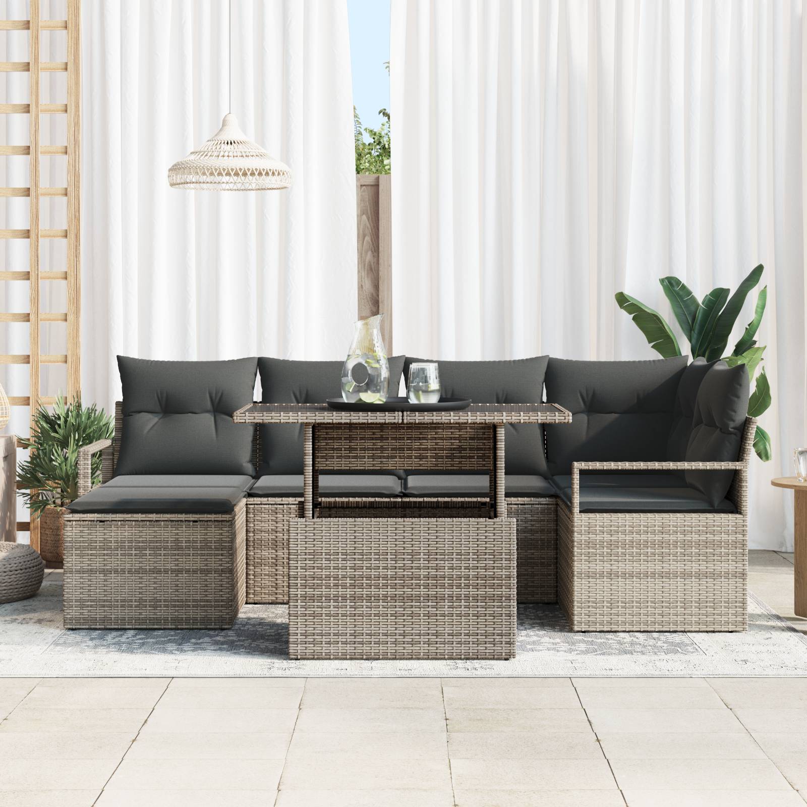 vidaXL 7-teiliges Garten Sofa Set mit Kissen Grau Poly Rattan
