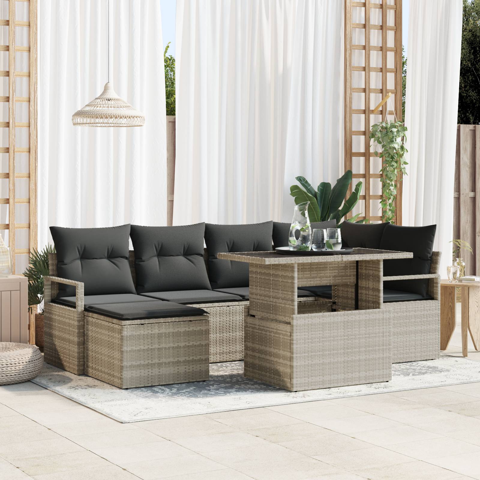 vidaXL 7-teiliges Garten Sofa Set mit Kissen Hellgrau Poly Rattan