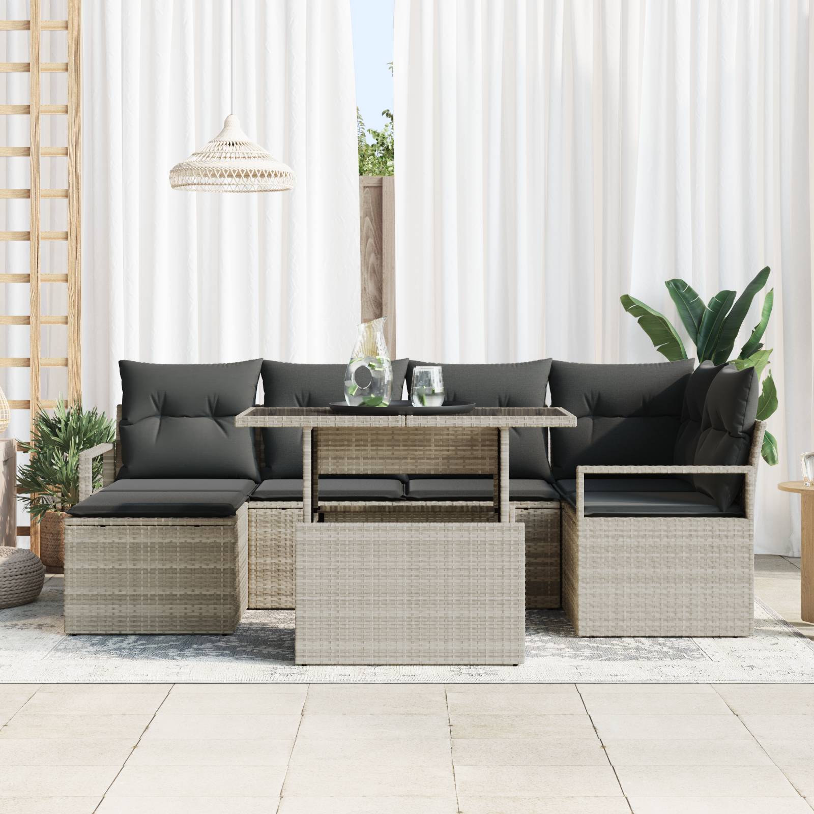 vidaXL 7-teiliges Garten Sofa Set mit Kissen Hellgrau Poly Rattan
