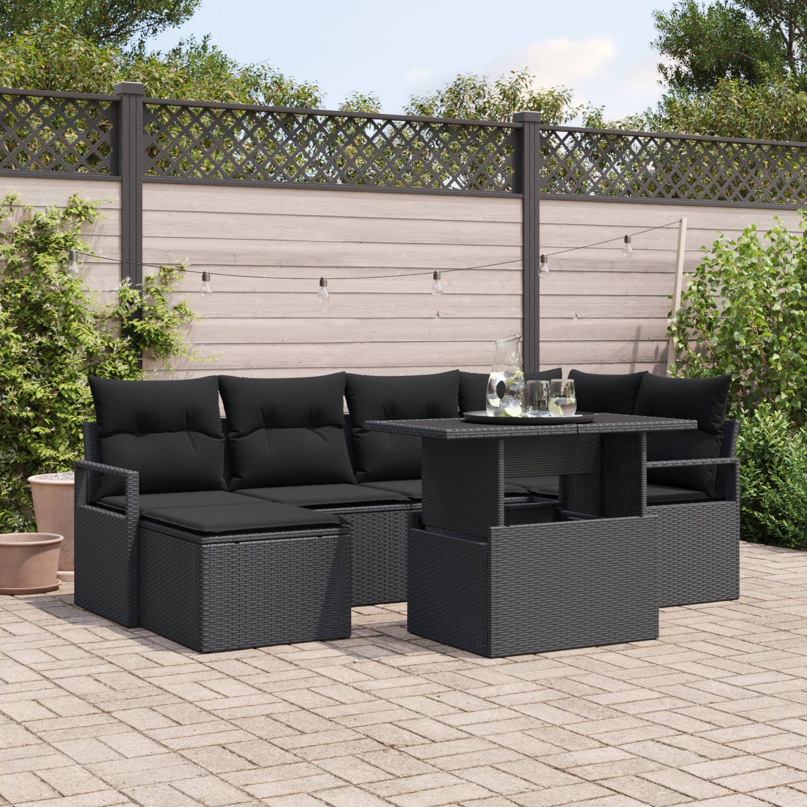 vidaXL 7-teiliges Garten Sofa Set mit Kissen Schwarz Poly Rattan