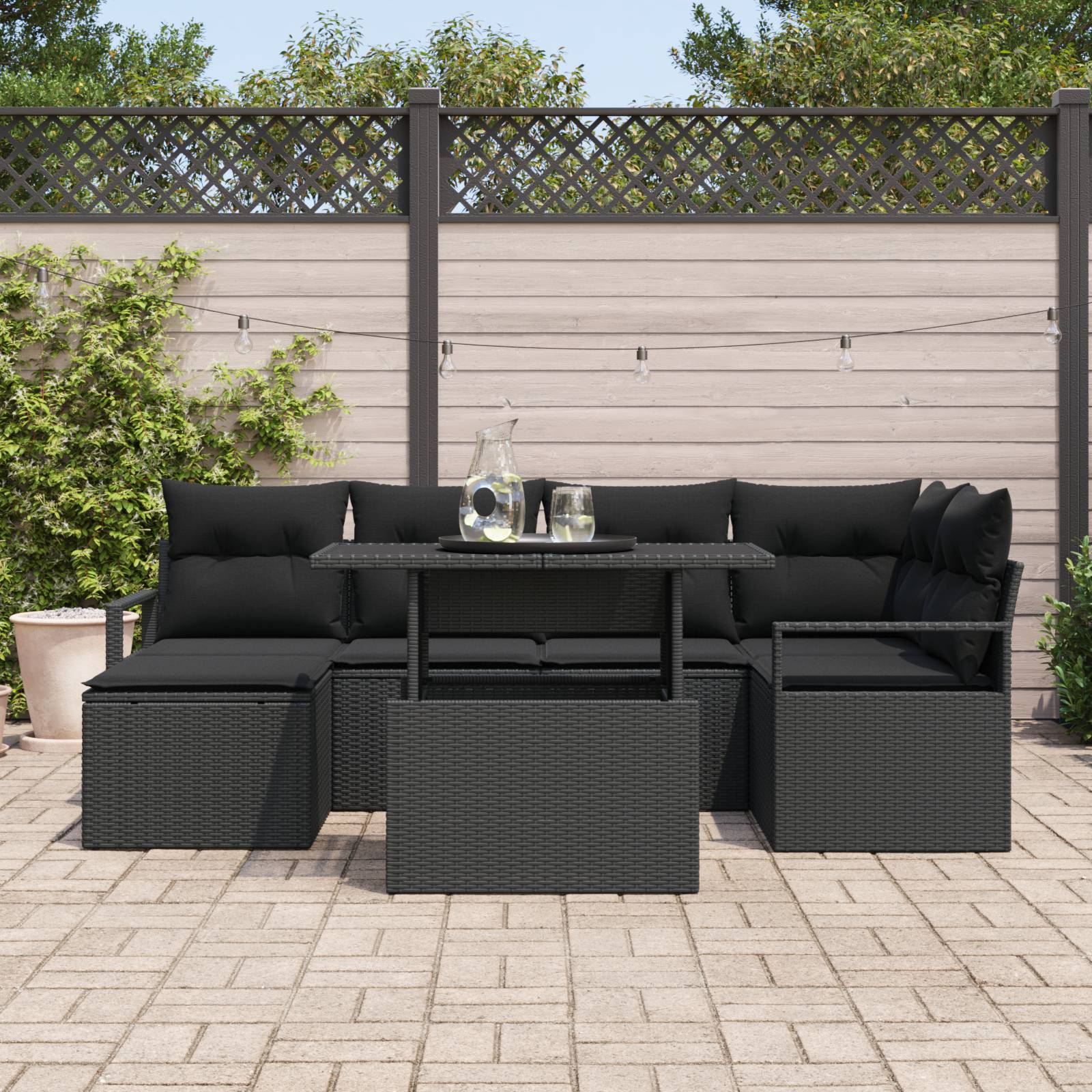 vidaXL 7-teiliges Garten Sofa Set mit Kissen Schwarz Poly Rattan
