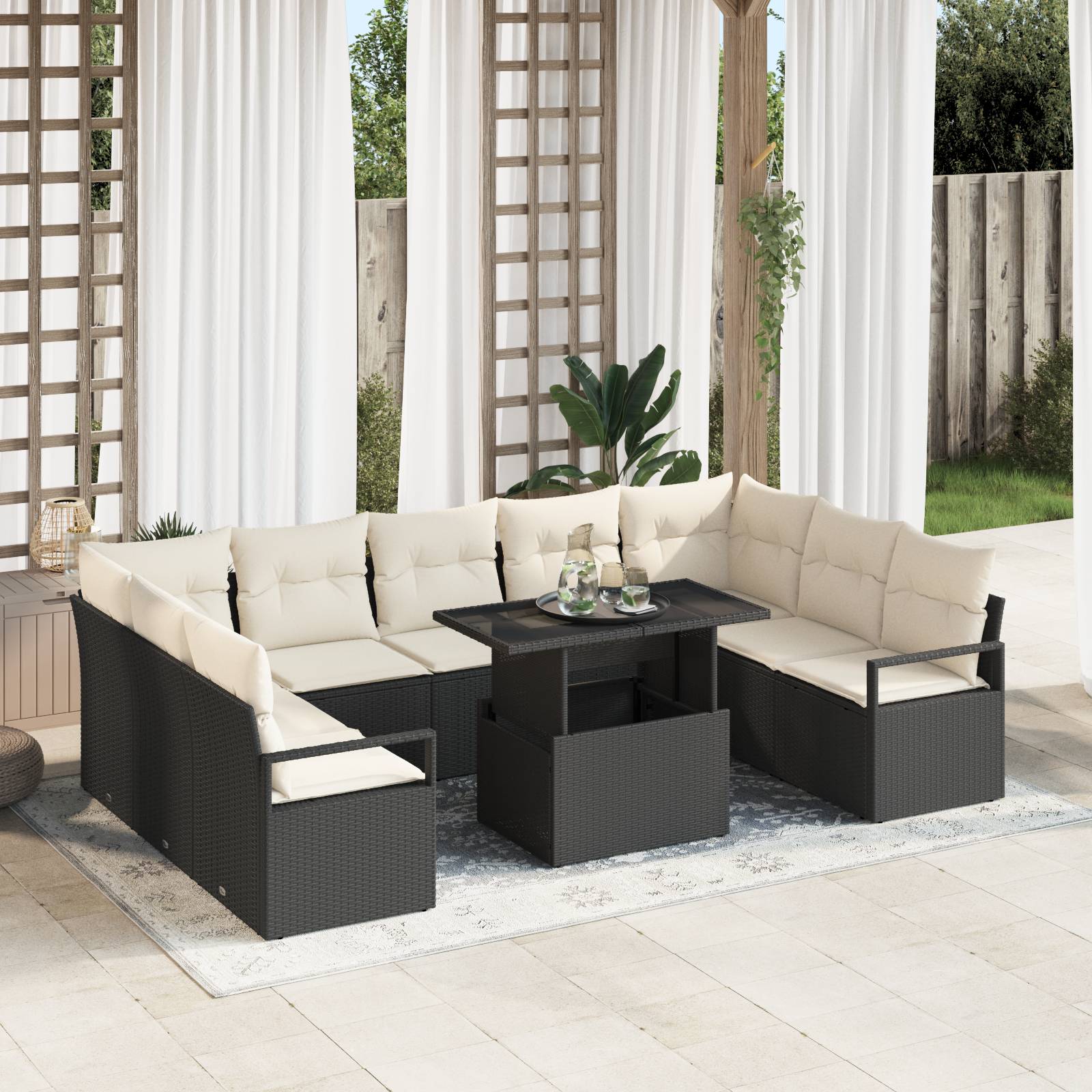 vidaXL 10-teiliges Garten Sofa Set mit Kissen, Schwarz Poly Rattan
