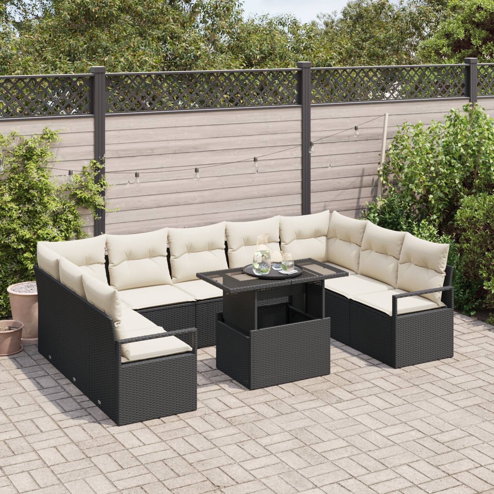 vidaXL 10-teiliges Garten Sofa Set mit Kissen, Schwarz Poly Rattan