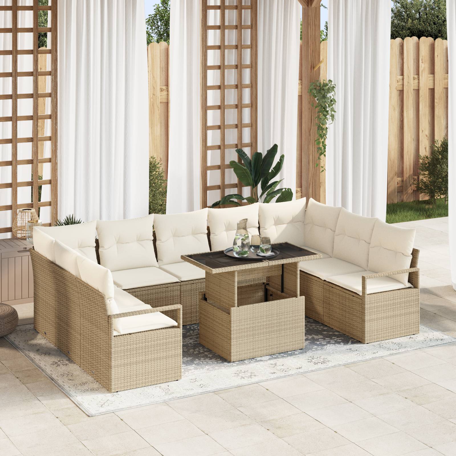 vidaXL 10-teiliges Garten-Sofa-Set mit Kissen Beige Poly-Rattan