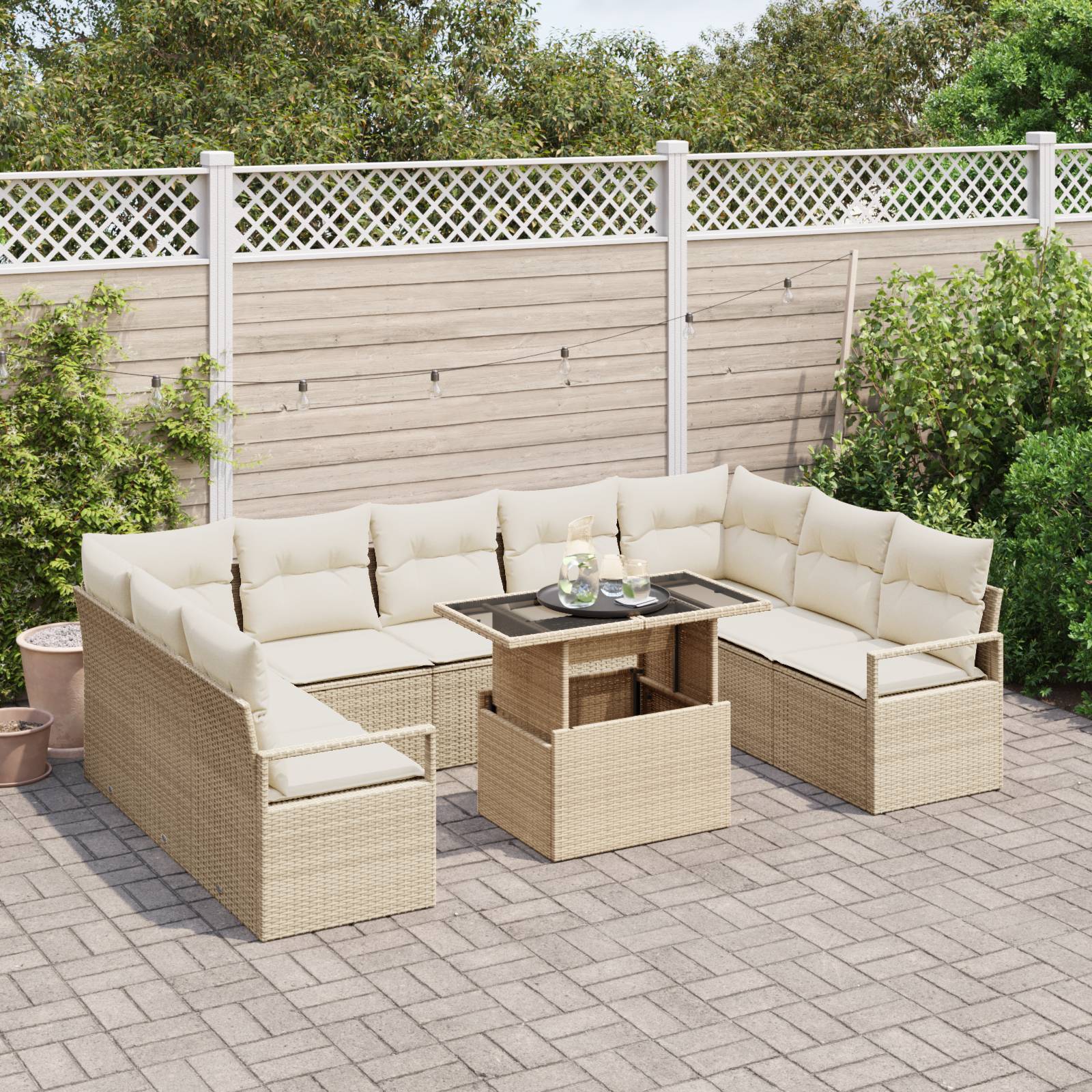 vidaXL 10-teiliges Garten-Sofa-Set mit Kissen Beige Poly-Rattan