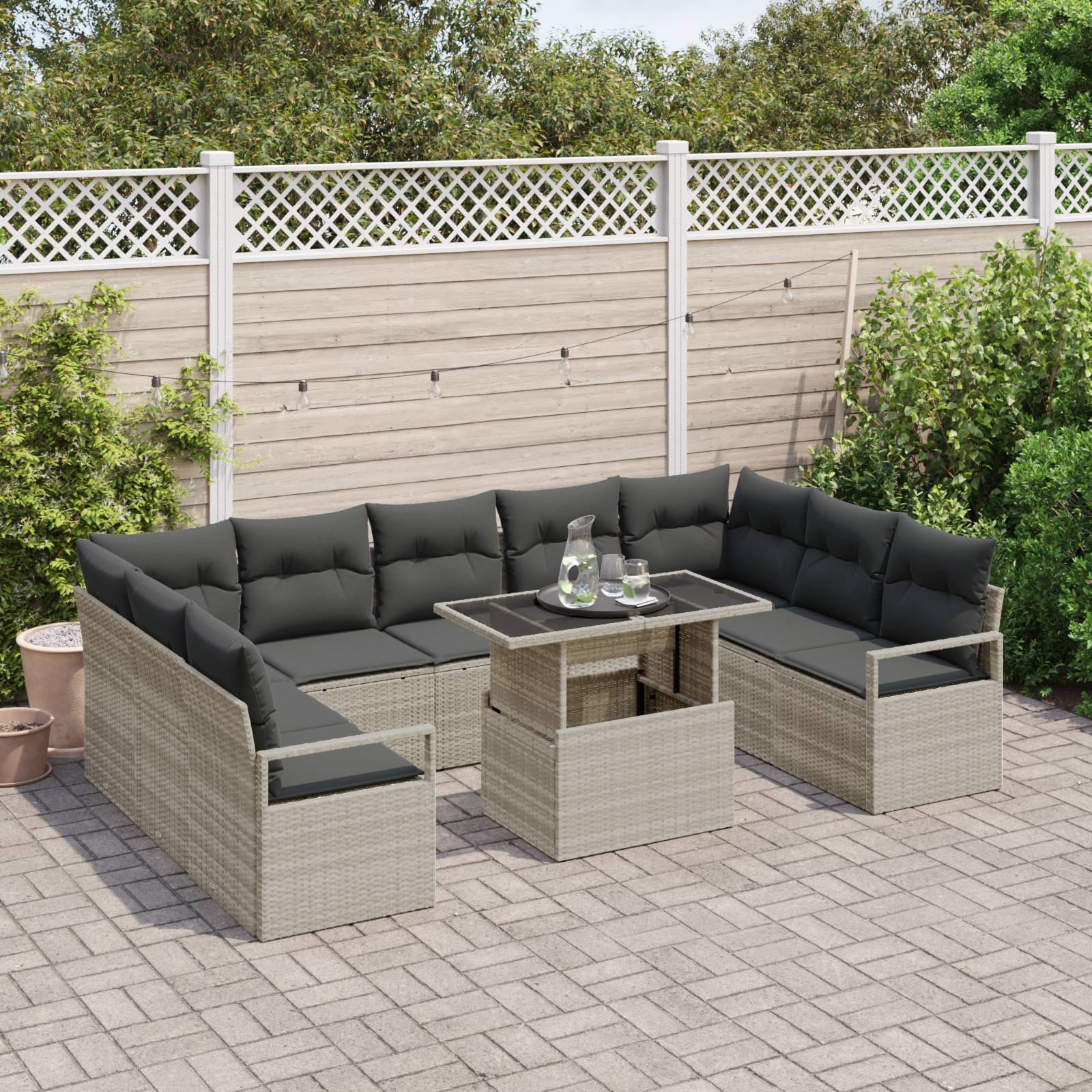 vidaXL 10-teiliges Garten-Sofa-Set mit Kissen Hellgrau Poly Rattan