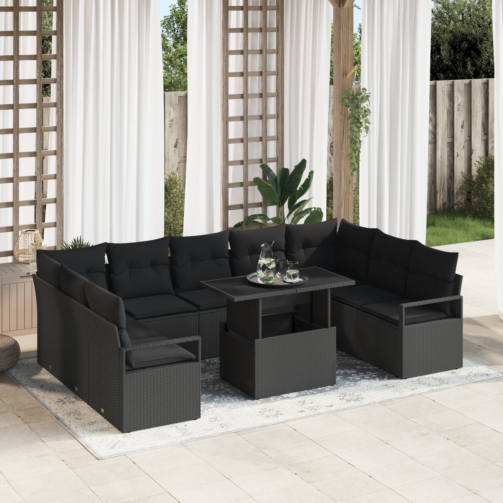 vidaXL 10-tlg. Garten-Sofagarnitur mit Kissen Schwarz Poly Rattan