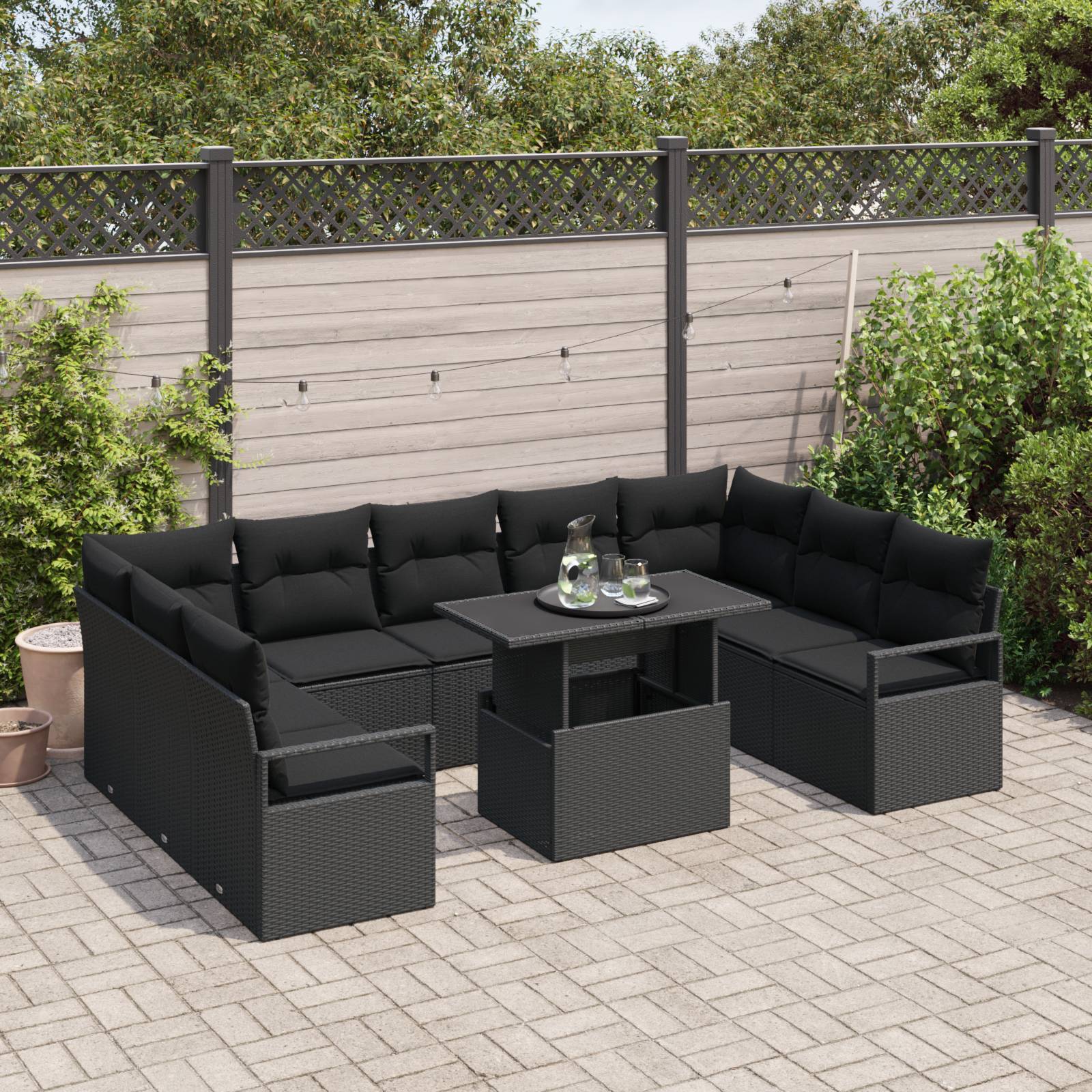 vidaXL 10-tlg. Garten-Sofagarnitur mit Kissen Schwarz Poly Rattan