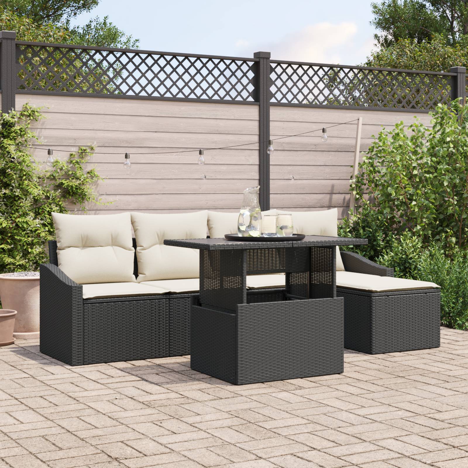 vidaXL 6-teiliges Garten-Sofa-Set mit Kissen aus schwarzem Poly-Rattan