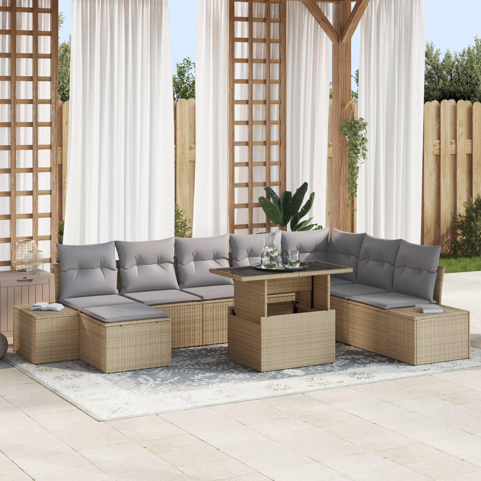 vidaXL 9-tlg. Garten-Sofagarnitur mit Kissen Beige Poly Rattan