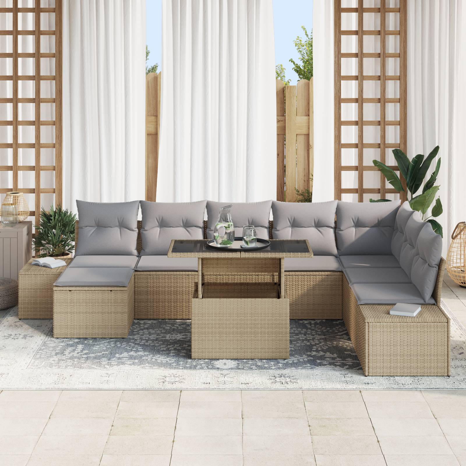 vidaXL 9-tlg. Garten-Sofagarnitur mit Kissen Beige Poly Rattan