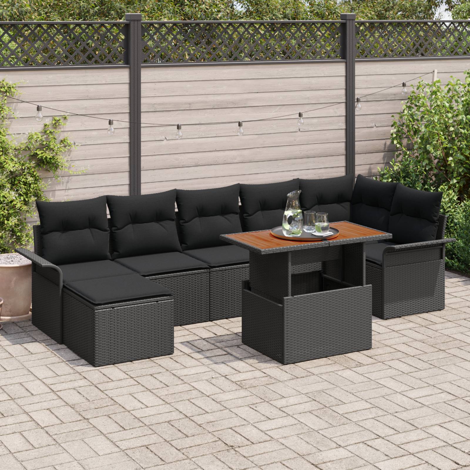 vidaXL 8-tlg. Garten-Essgruppe mit Kissen Schwarz Poly Rattan Akazie