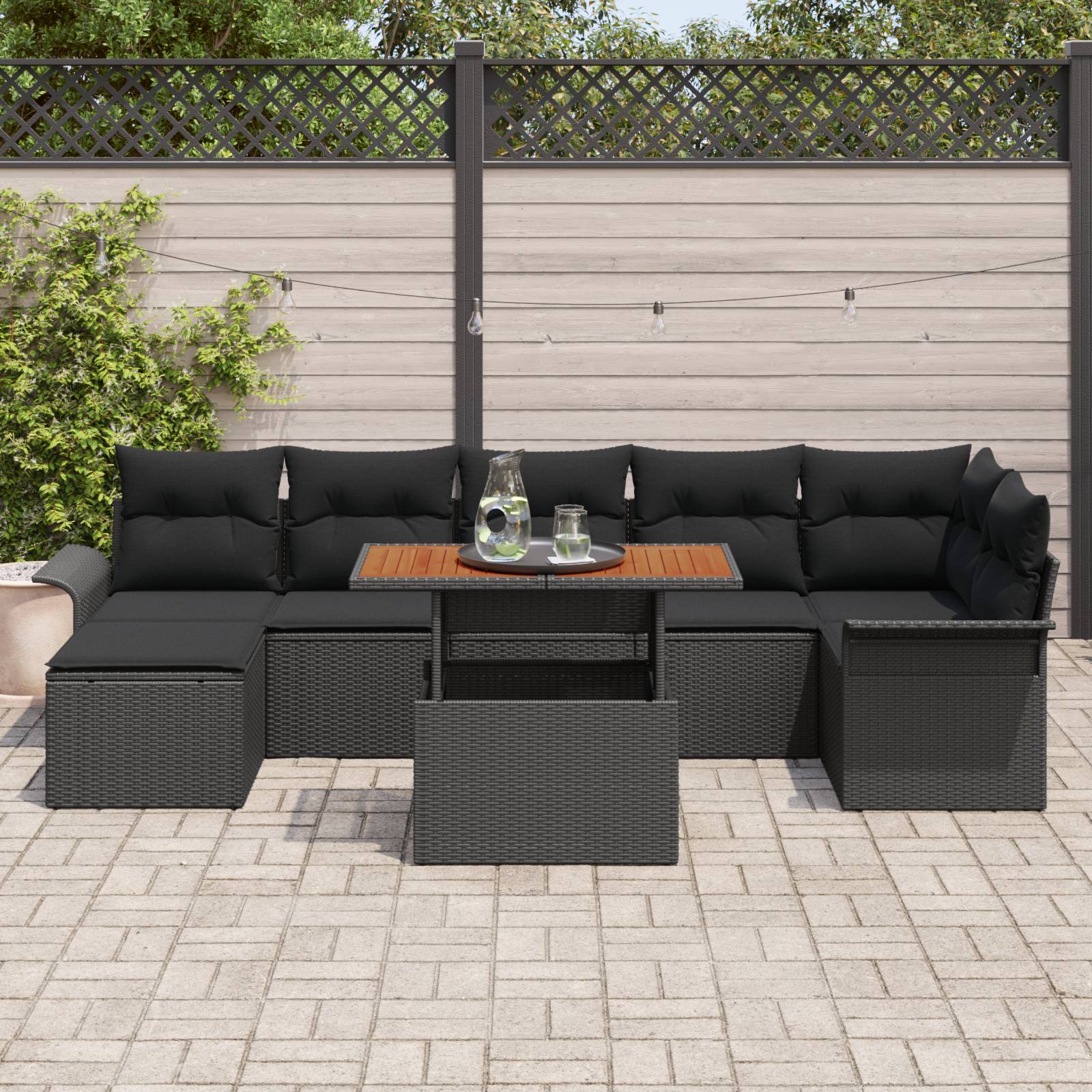 vidaXL 8-tlg. Garten-Essgruppe mit Kissen Schwarz Poly Rattan Akazie