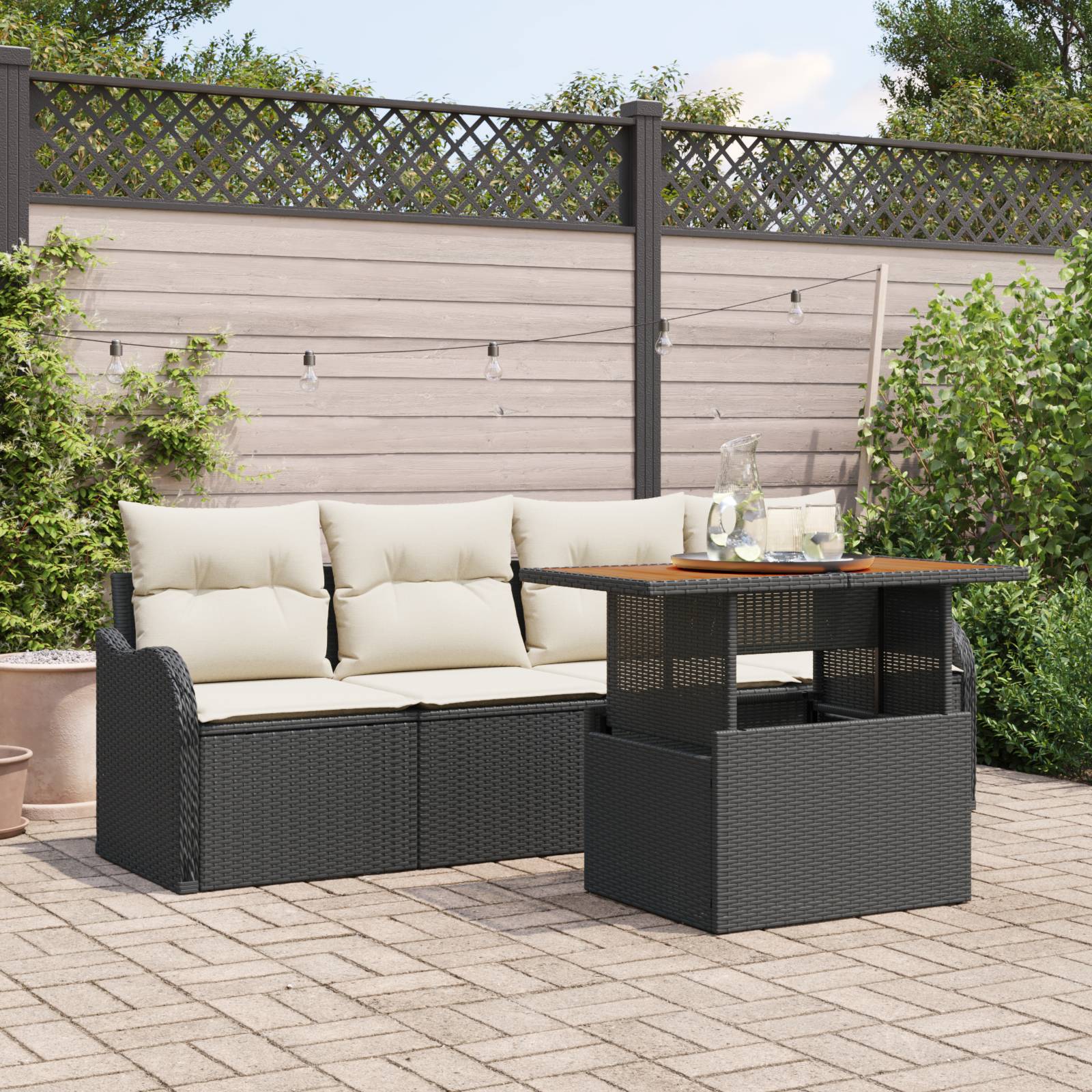 vidaXL 5-teiliges Garten-Sofa-Set mit Kissen aus schwarzem Poly-Rattan