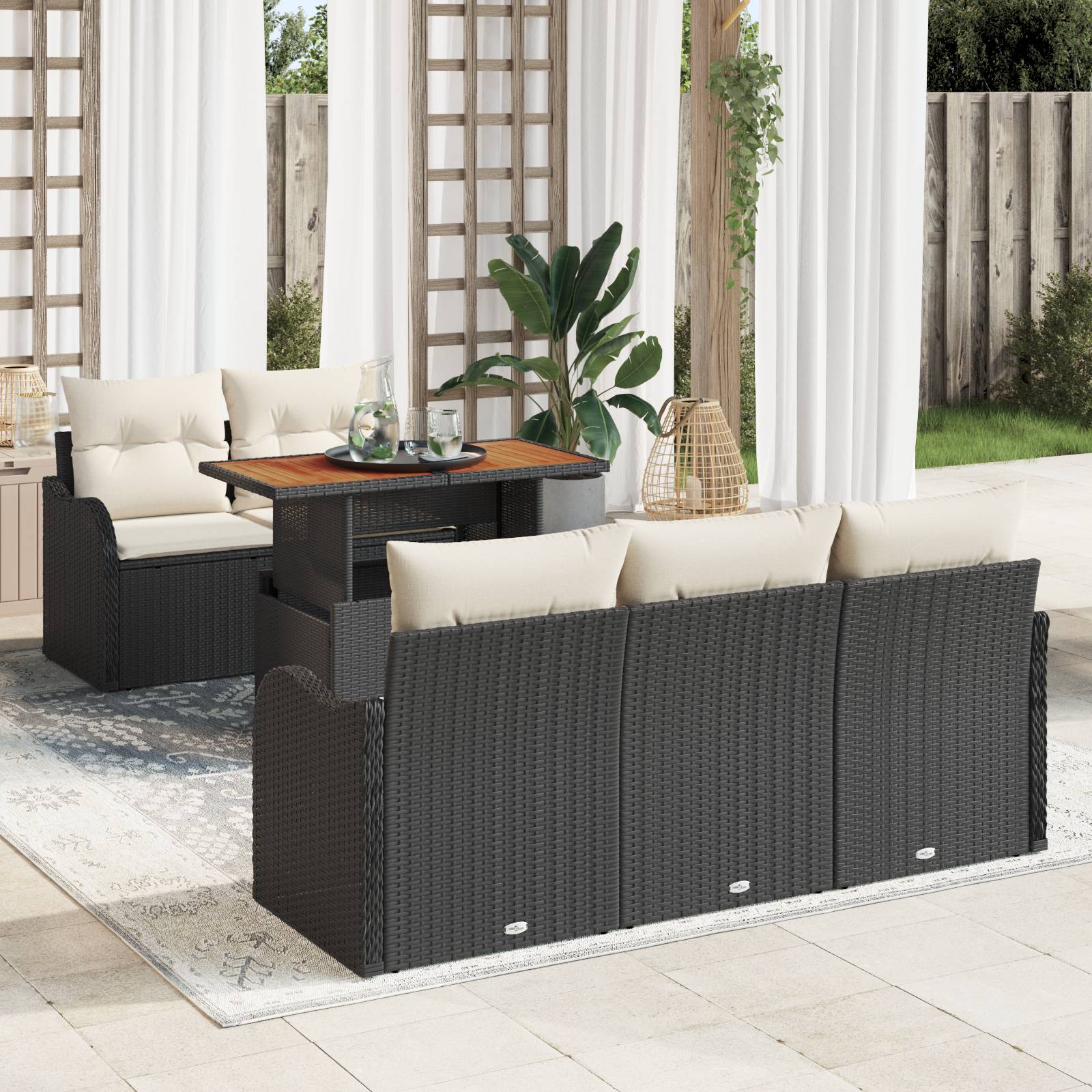 vidaXL 6-tlg. Garten-Sofagarnitur mit Kissen Schwarz Poly Rattan