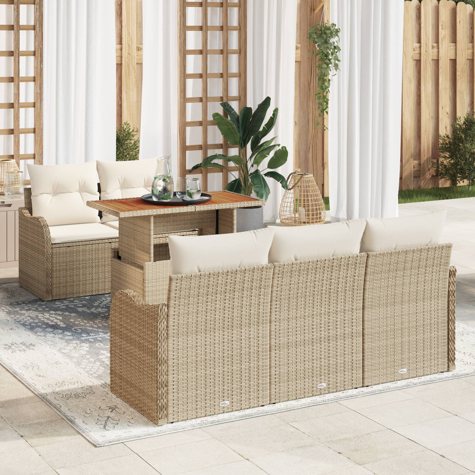 vidaXL 6-tlg. Garten-Sofagarnitur mit Kissen Beige Poly Rattan