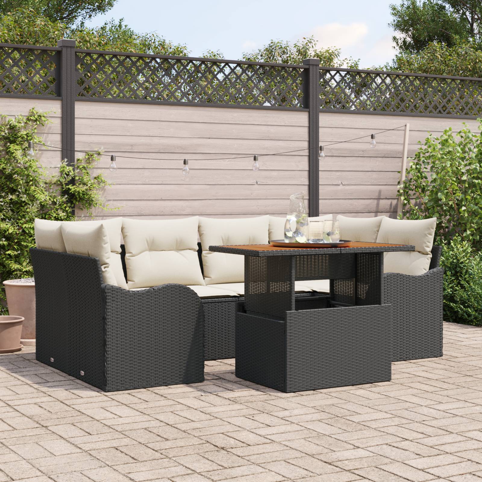 vidaXL 7-teiliges Garten Sofa Set mit Kissen Schwarz Poly Rattan Akazie