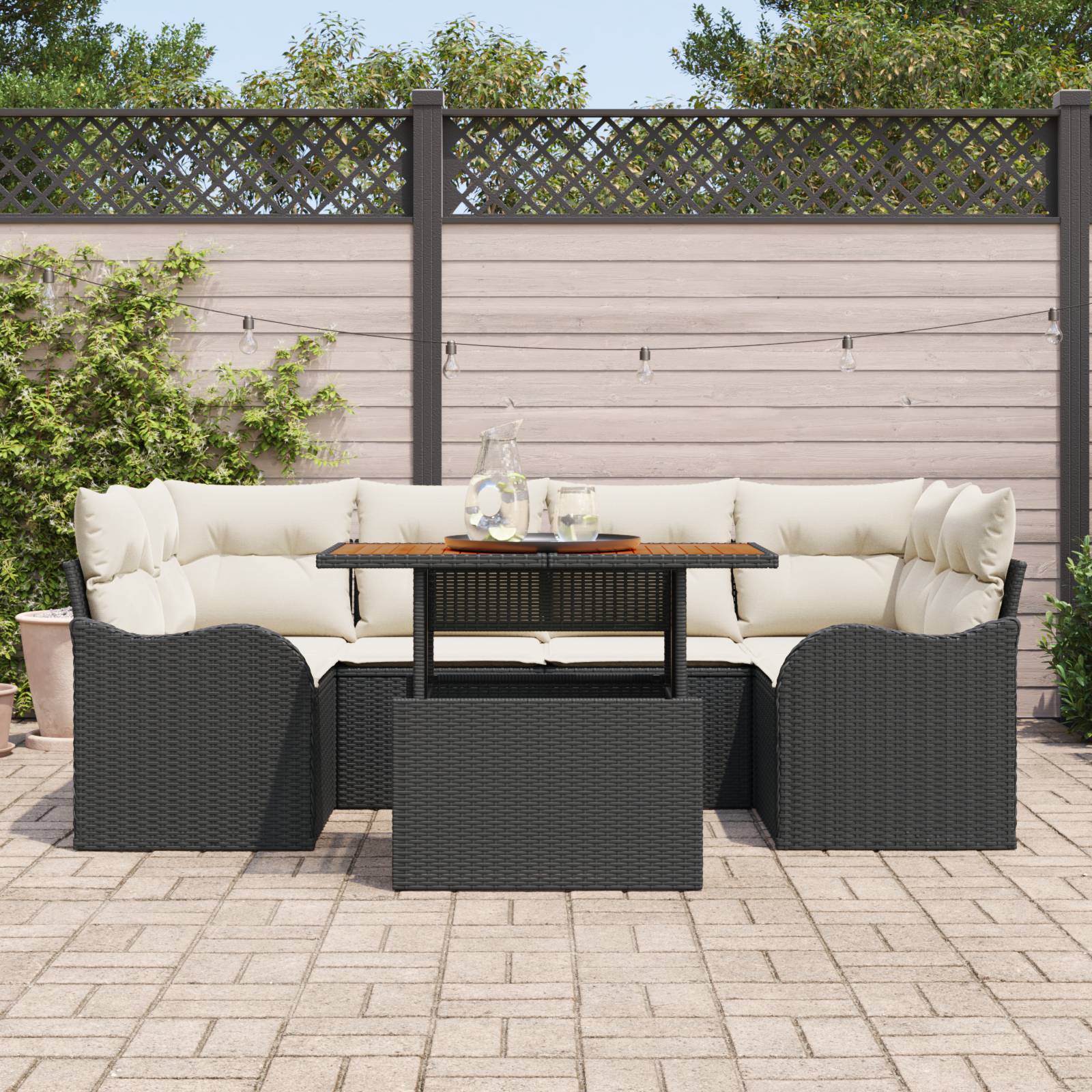 vidaXL 7-teiliges Garten Sofa Set mit Kissen Schwarz Poly Rattan Akazie