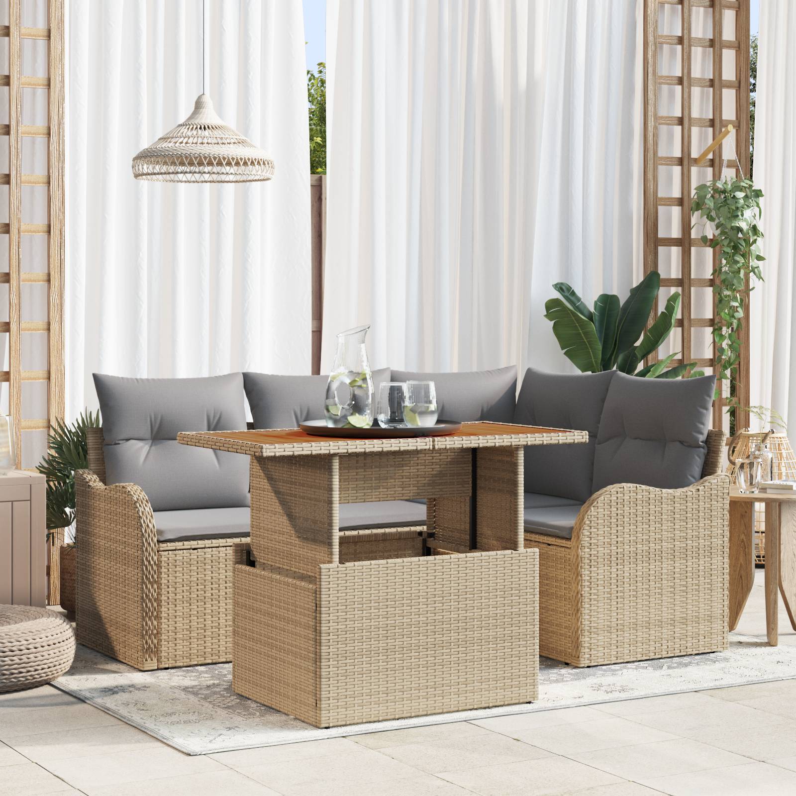 vidaXL 5-teiliges Garten Sofa Set mit Kissen Beige Poly Rattan
