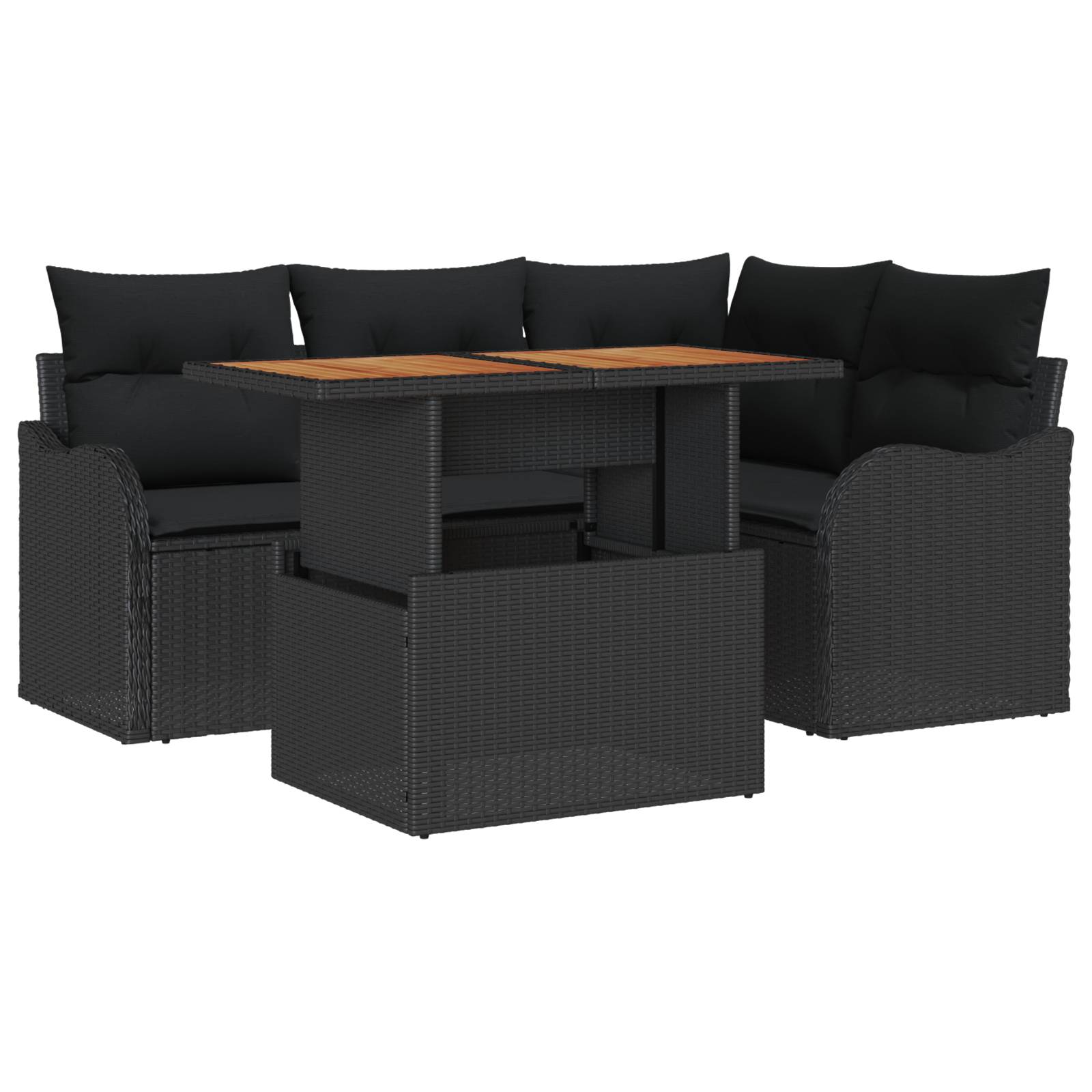 vidaXL 5-teiliges Garten Sofaset mit Kissen Schwarzes Poly Rattan Akazie