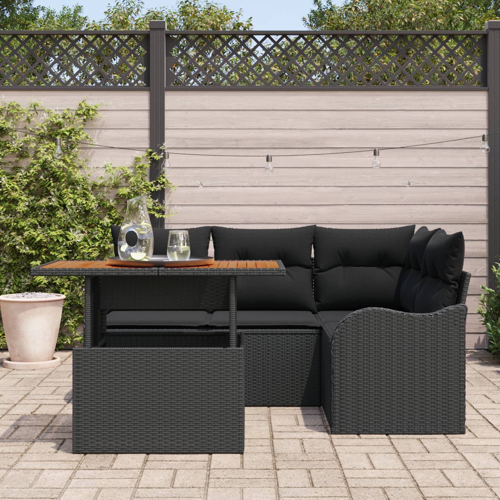 vidaXL 5-teiliges Garten Sofaset mit Kissen Schwarzes Poly Rattan Akazie