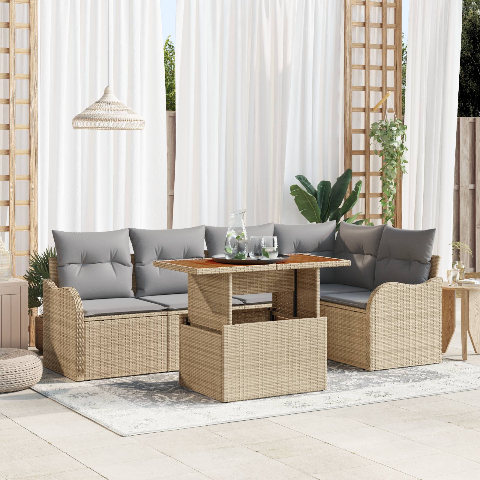 vidaXL 6-teiliges Garten Sofaset mit Kissen Beige Poly Rattan Akazie