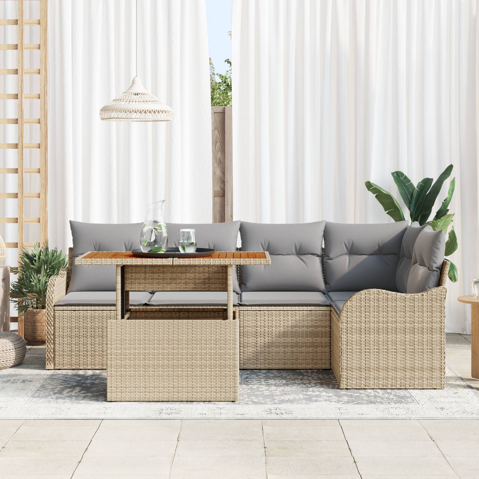 vidaXL 6-teiliges Garten Sofaset mit Kissen Beige Poly Rattan Akazie