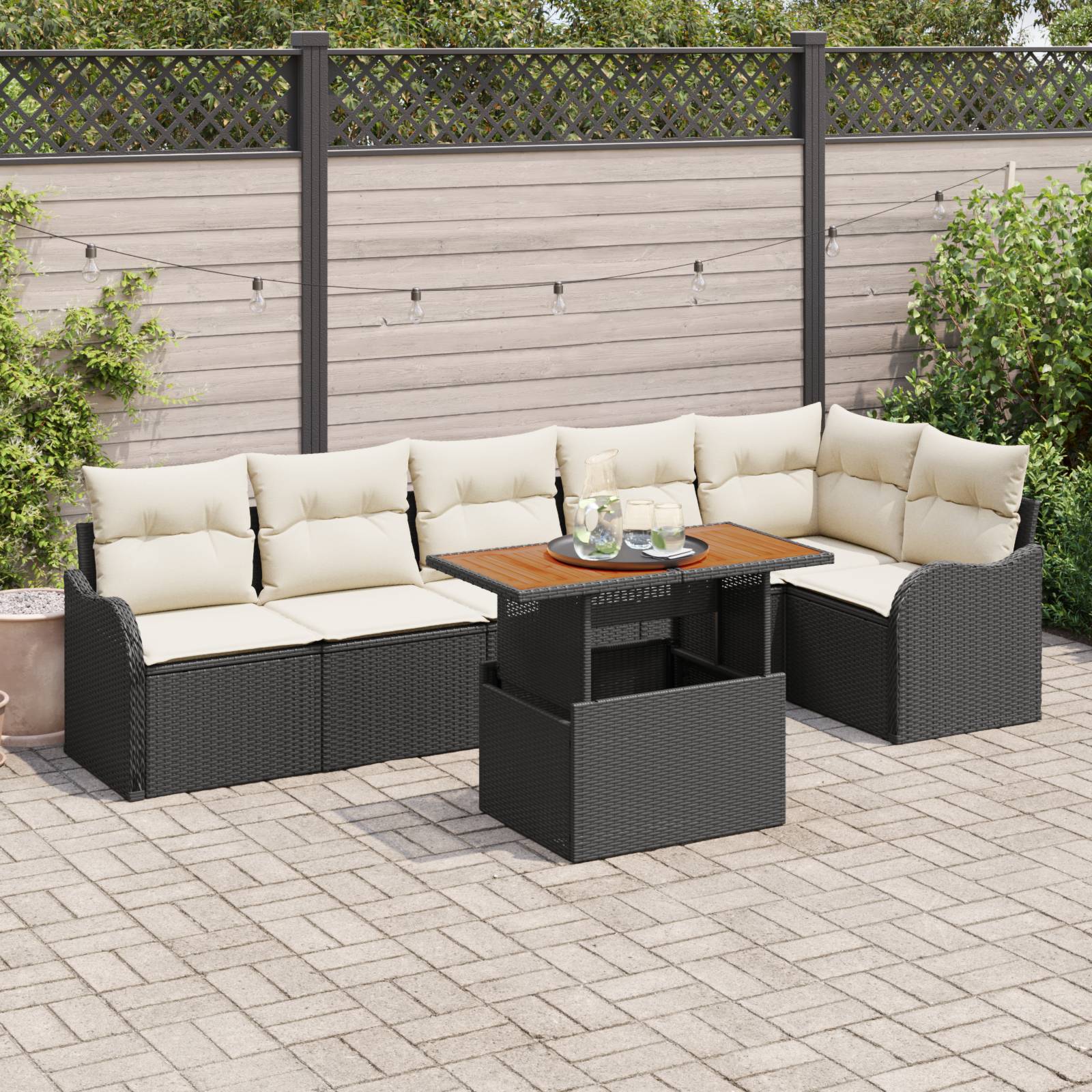 vidaXL 7-teilige Garten Sofa Set mit Kissen Schwarz Poly Rattan Akazie