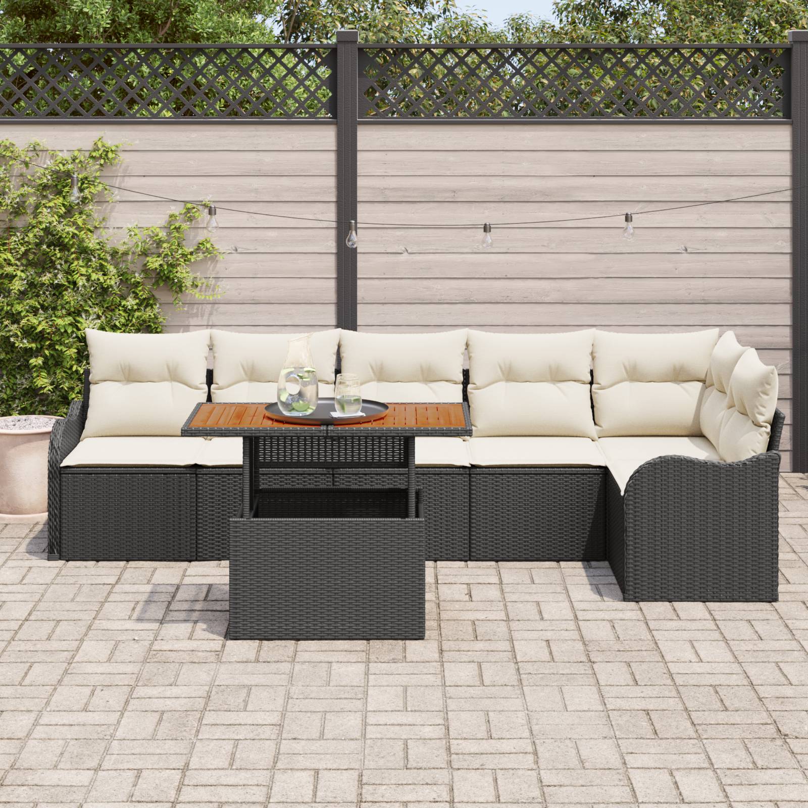 vidaXL 7-teilige Garten Sofa Set mit Kissen Schwarz Poly Rattan Akazie