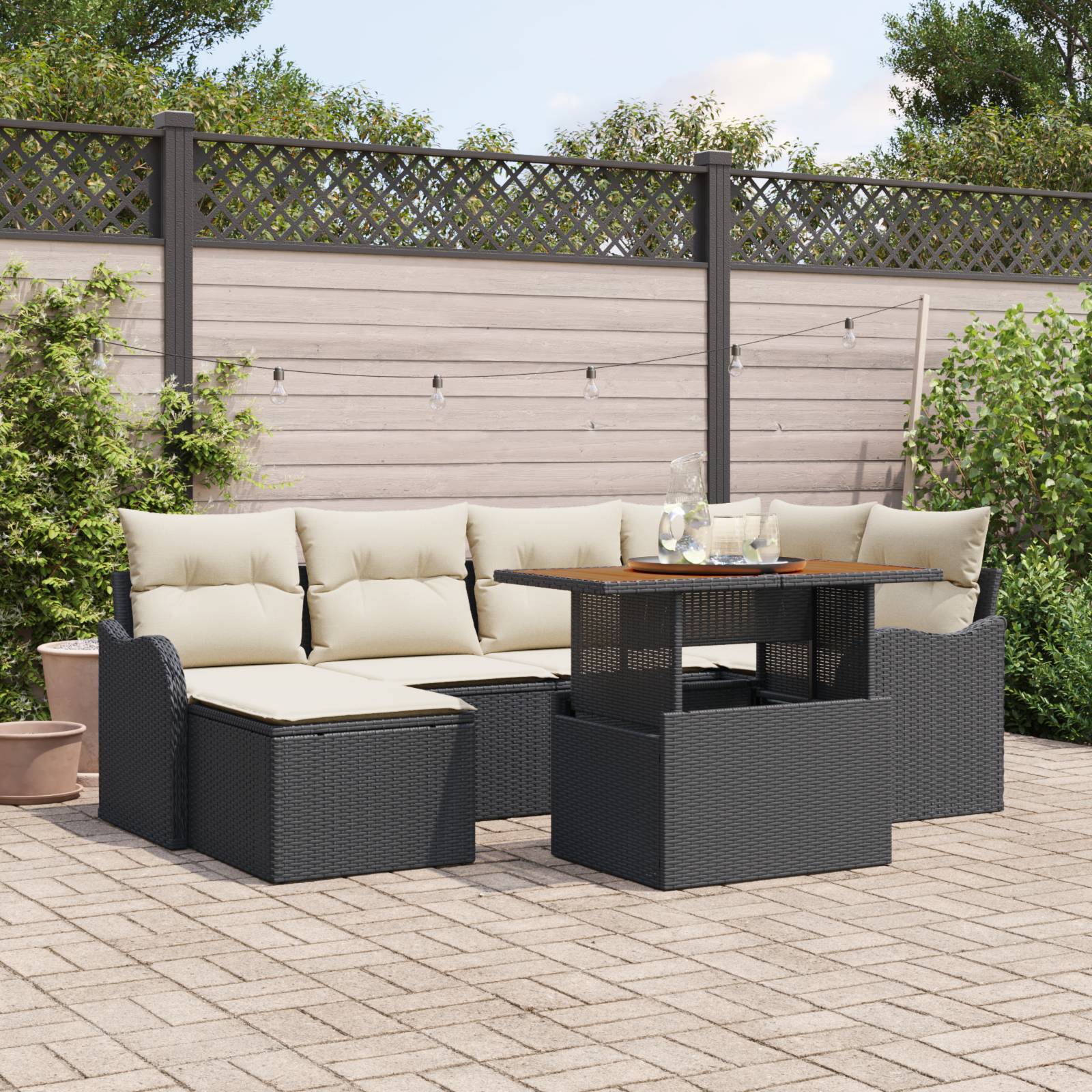vidaXL 7-teiliges Garten Sofaset mit Kissen Schwarz Poly-Rattan Akazie