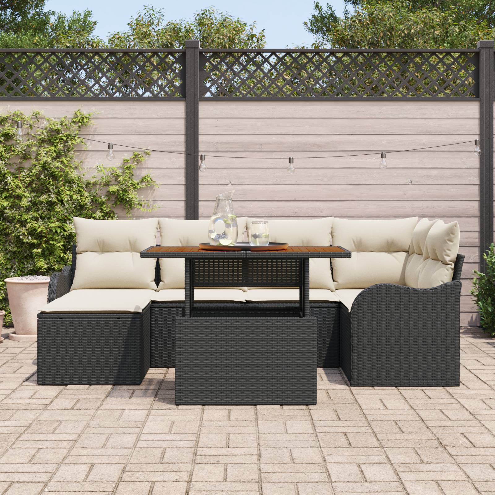 vidaXL 7-teiliges Garten Sofaset mit Kissen Schwarz Poly-Rattan Akazie
